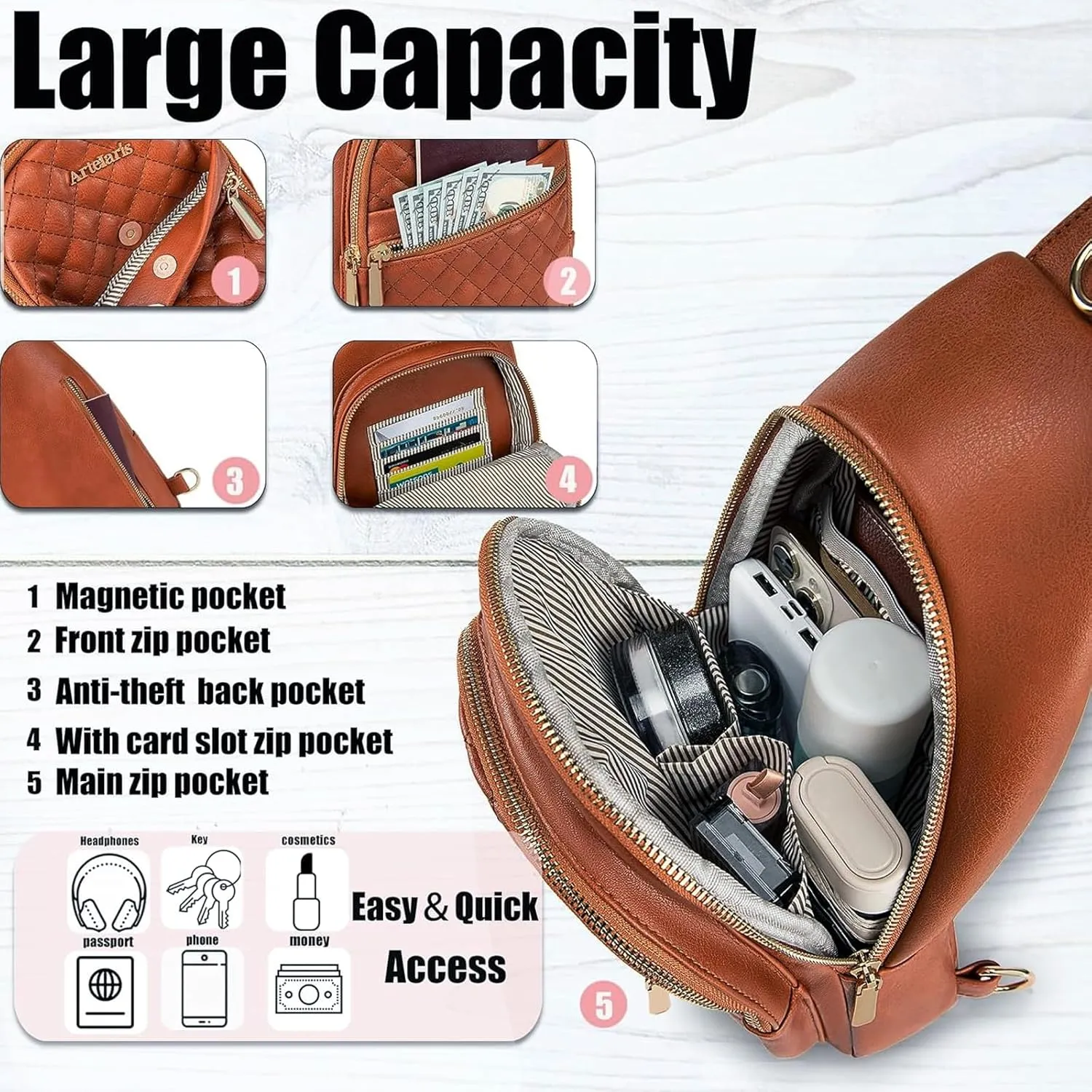 Atelaris Leather Sling Bag for Women,Fashion Crossbody Bags Fanny Packs for Women,Chest Bag for Travel Sport