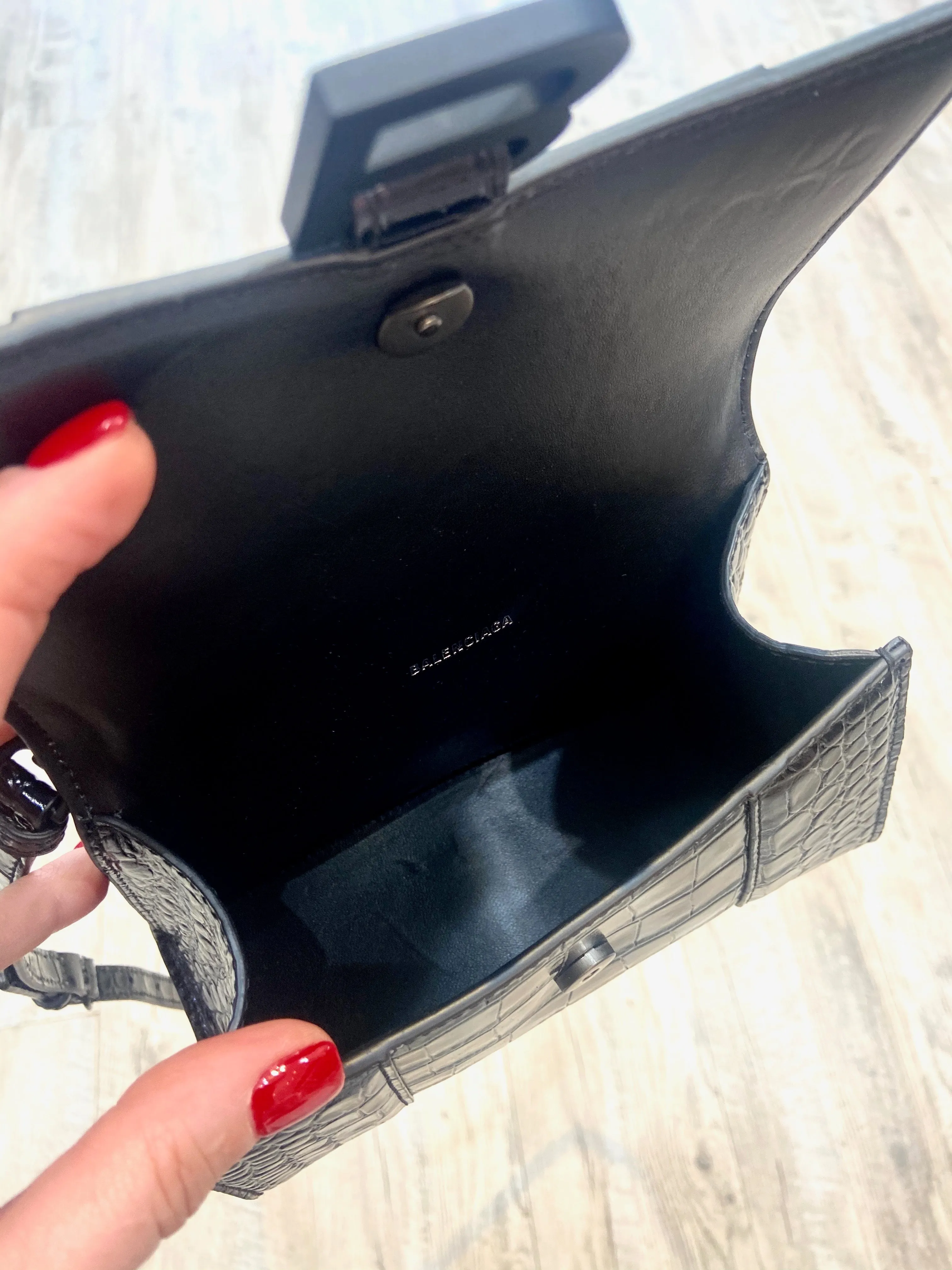 BALENCIAGA CROC EMBOSSED LEATHER HOURGLASS XS CROSSBODY BAG