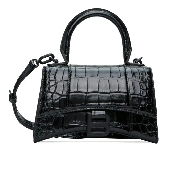 BALENCIAGA CROC EMBOSSED LEATHER HOURGLASS XS CROSSBODY BAG