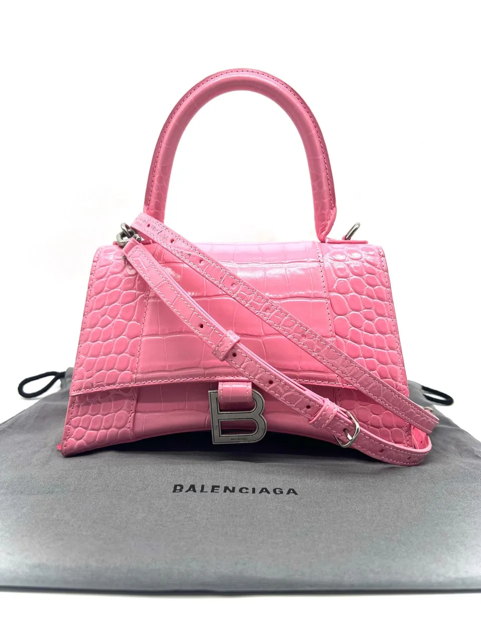 BALENCIAGA Hourglass Small Pink Crocodile top handle