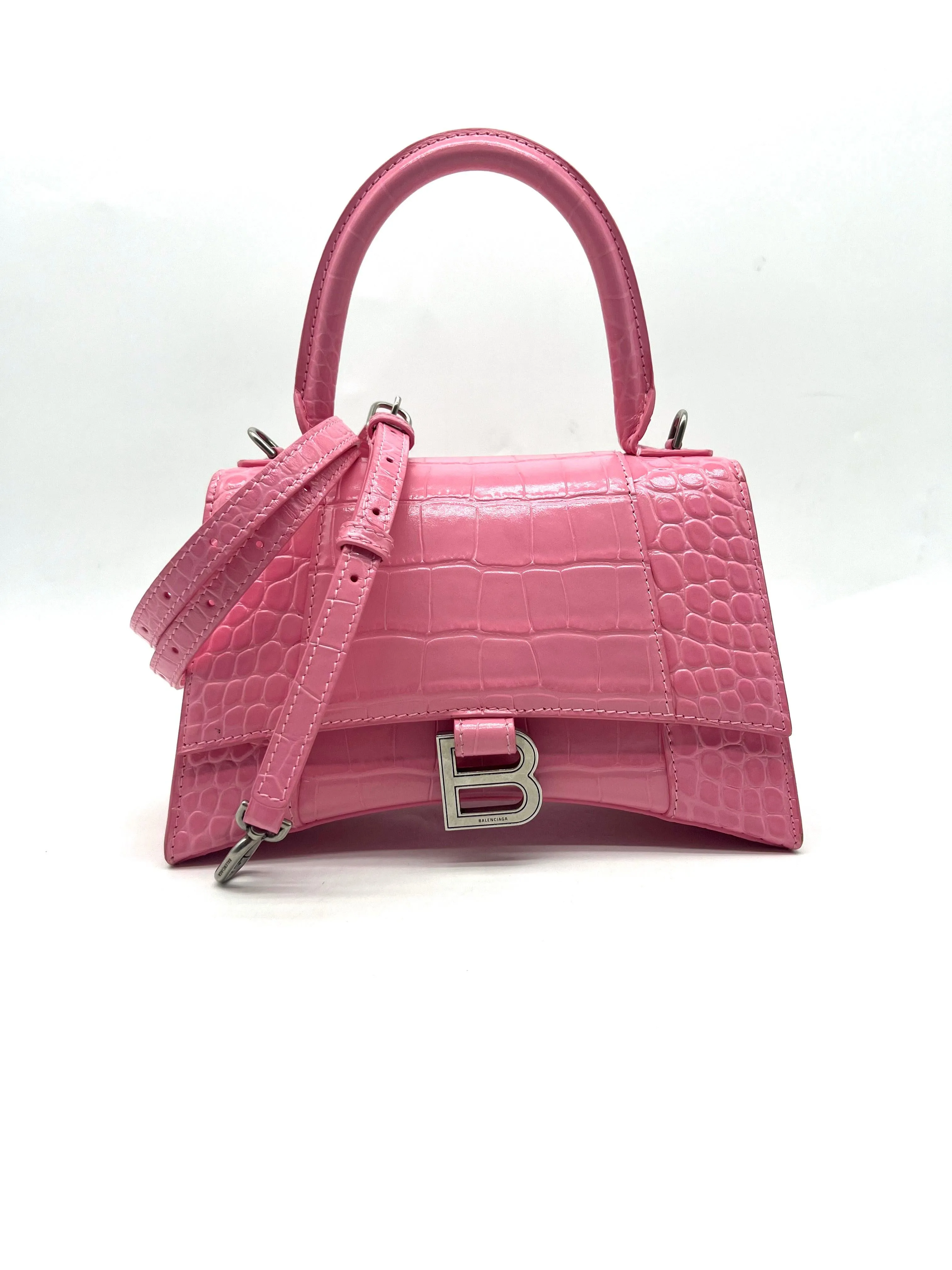 BALENCIAGA Hourglass Small Pink Crocodile top handle