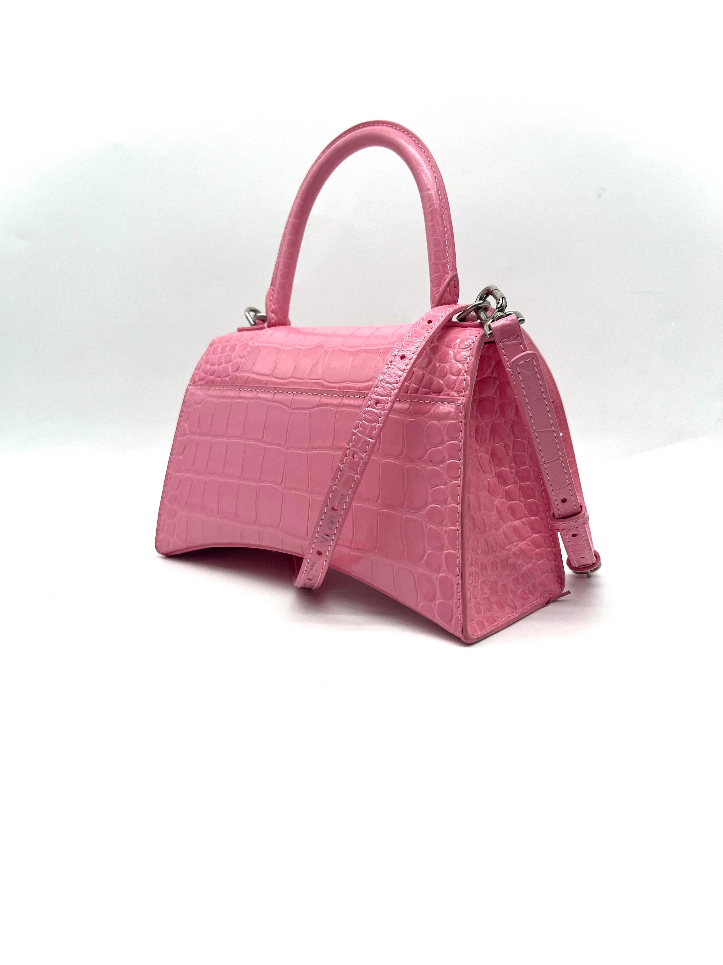 BALENCIAGA Hourglass Small Pink Crocodile top handle