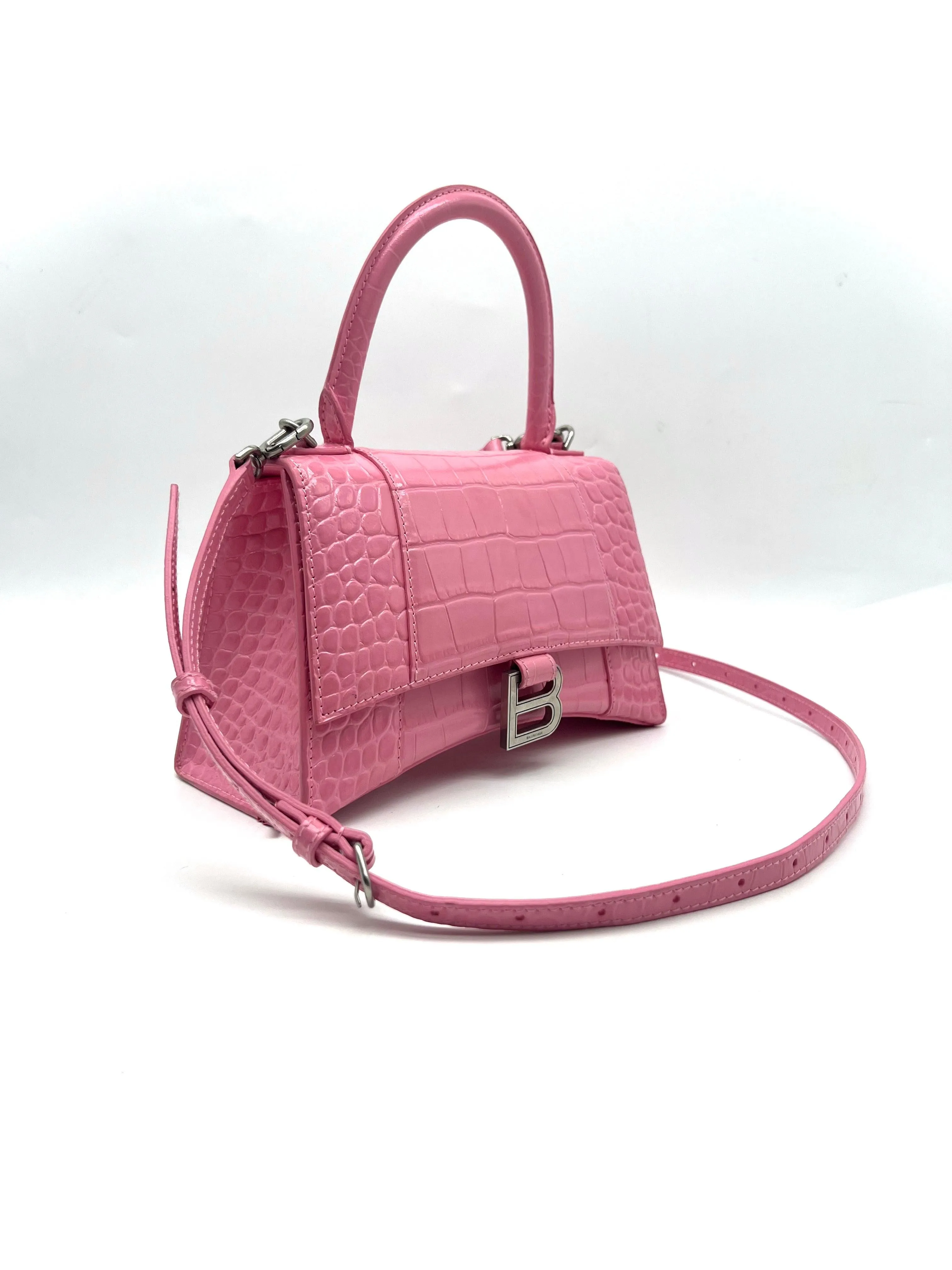 BALENCIAGA Hourglass Small Pink Crocodile top handle