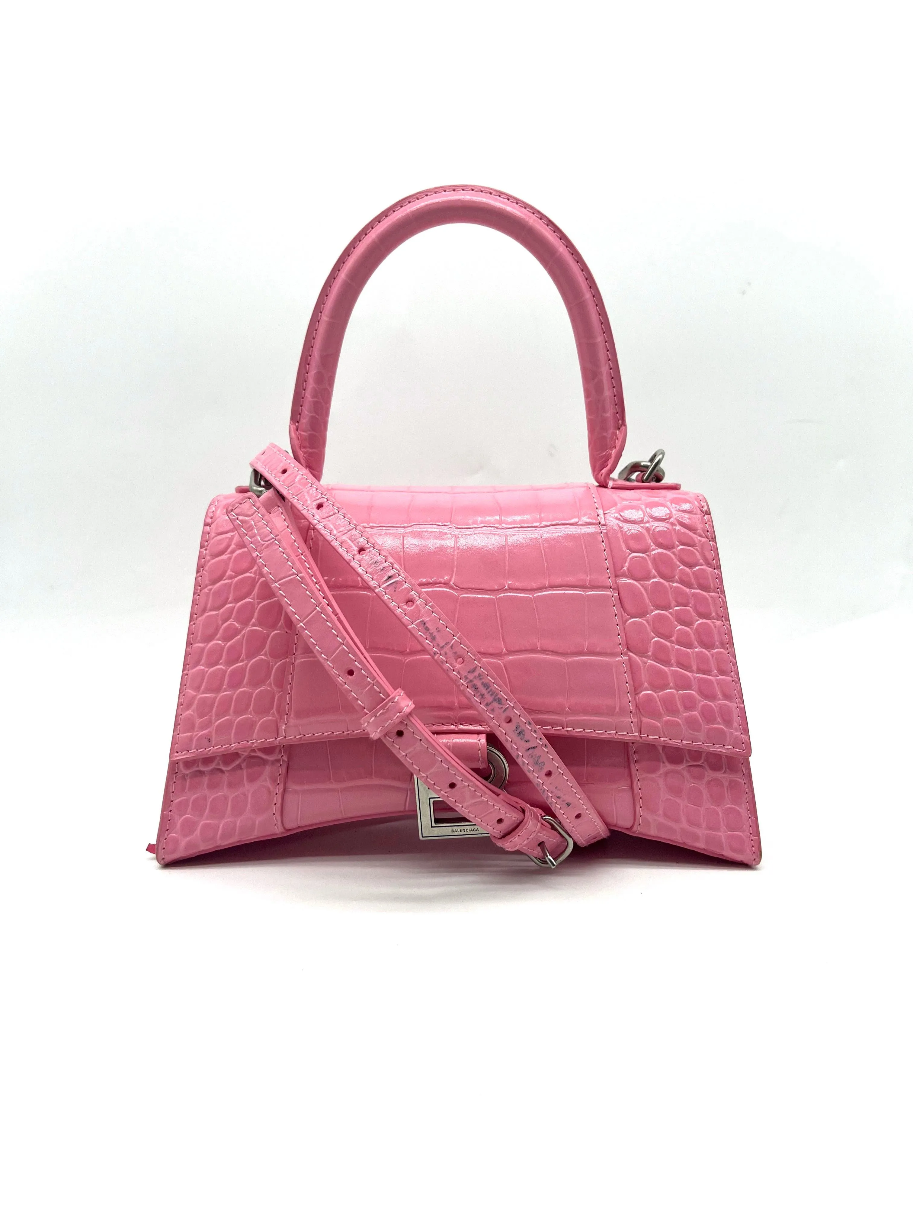 BALENCIAGA Hourglass Small Pink Crocodile top handle