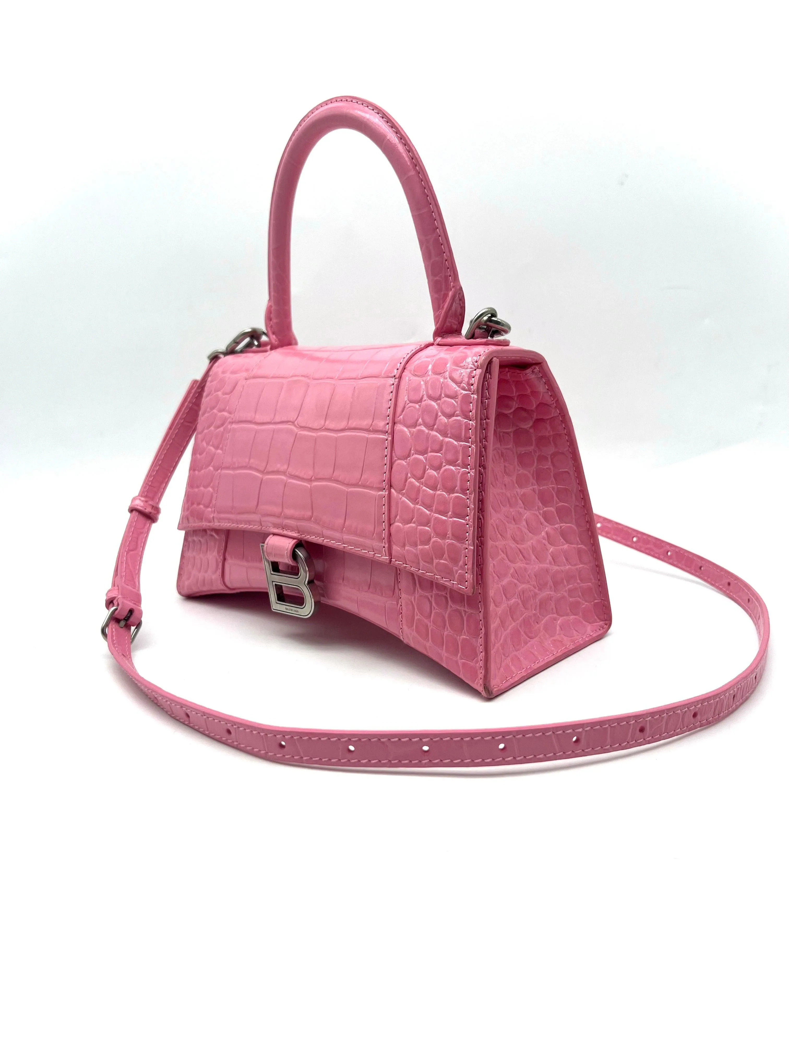 BALENCIAGA Hourglass Small Pink Crocodile top handle