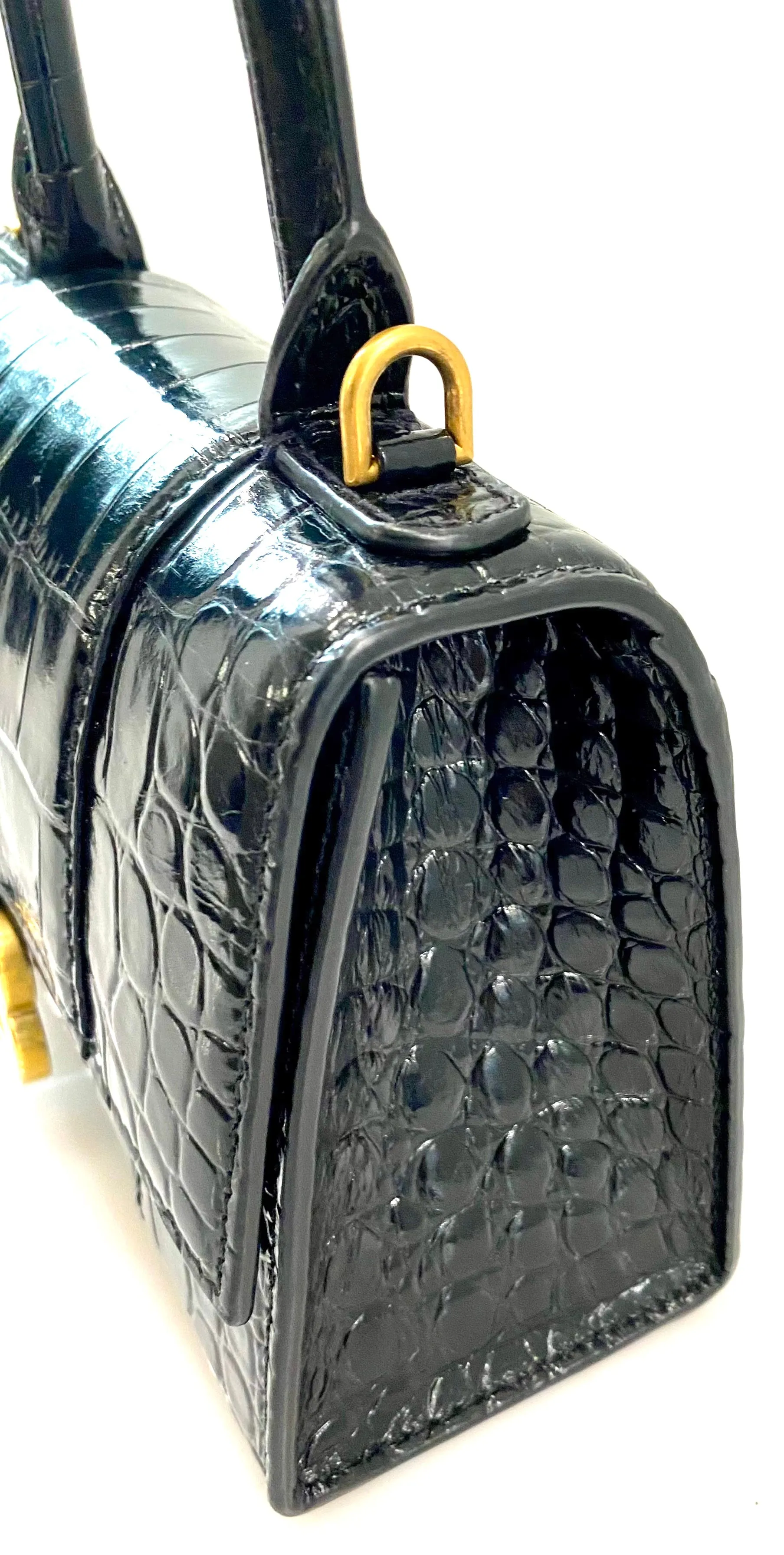 BALENCIAGA SHINY CALFSKIN CROC EMBOSSED MINI HOURGLASS BAG