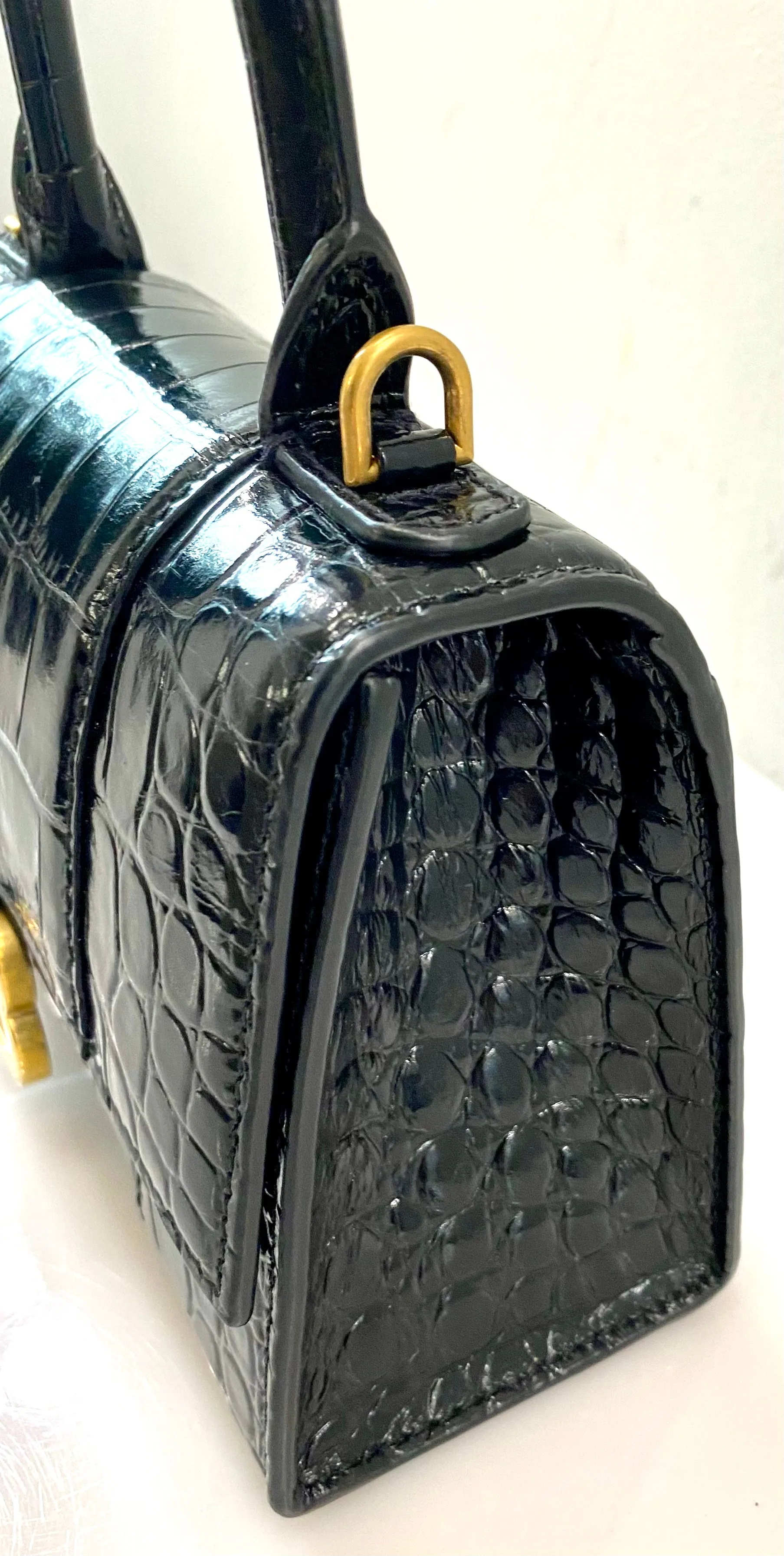 BALENCIAGA SHINY CALFSKIN CROC EMBOSSED MINI HOURGLASS BAG