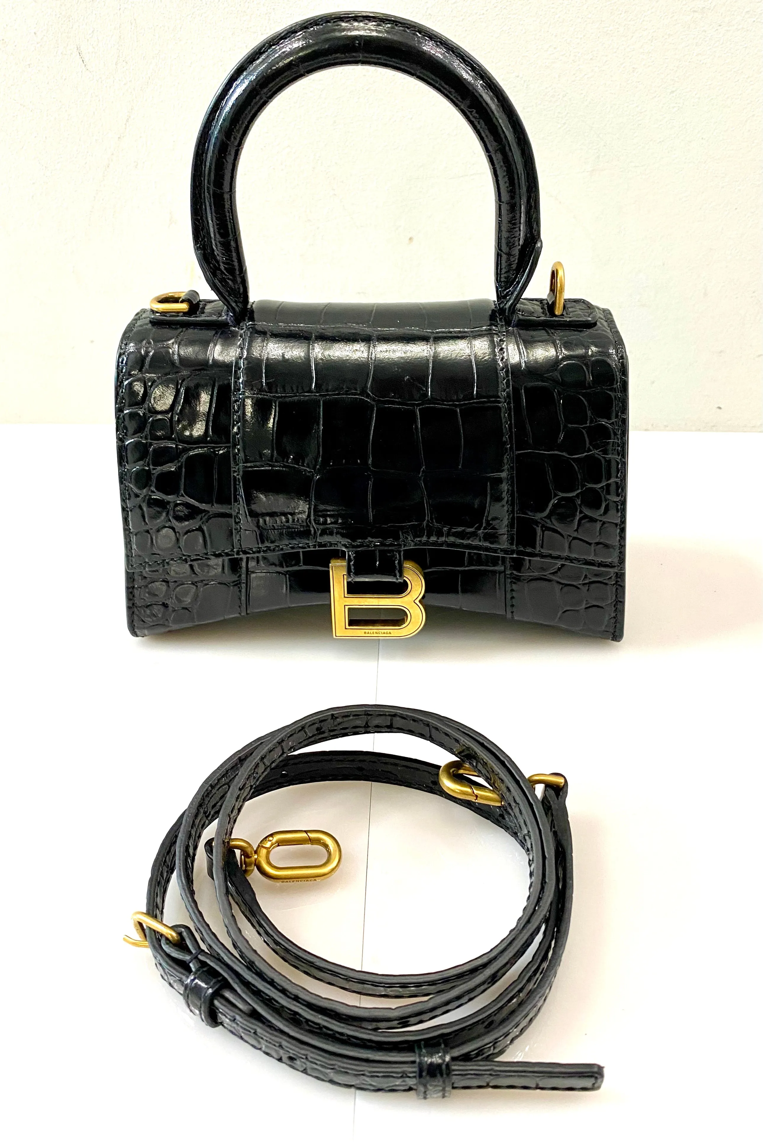 BALENCIAGA SHINY CALFSKIN CROC EMBOSSED MINI HOURGLASS BAG