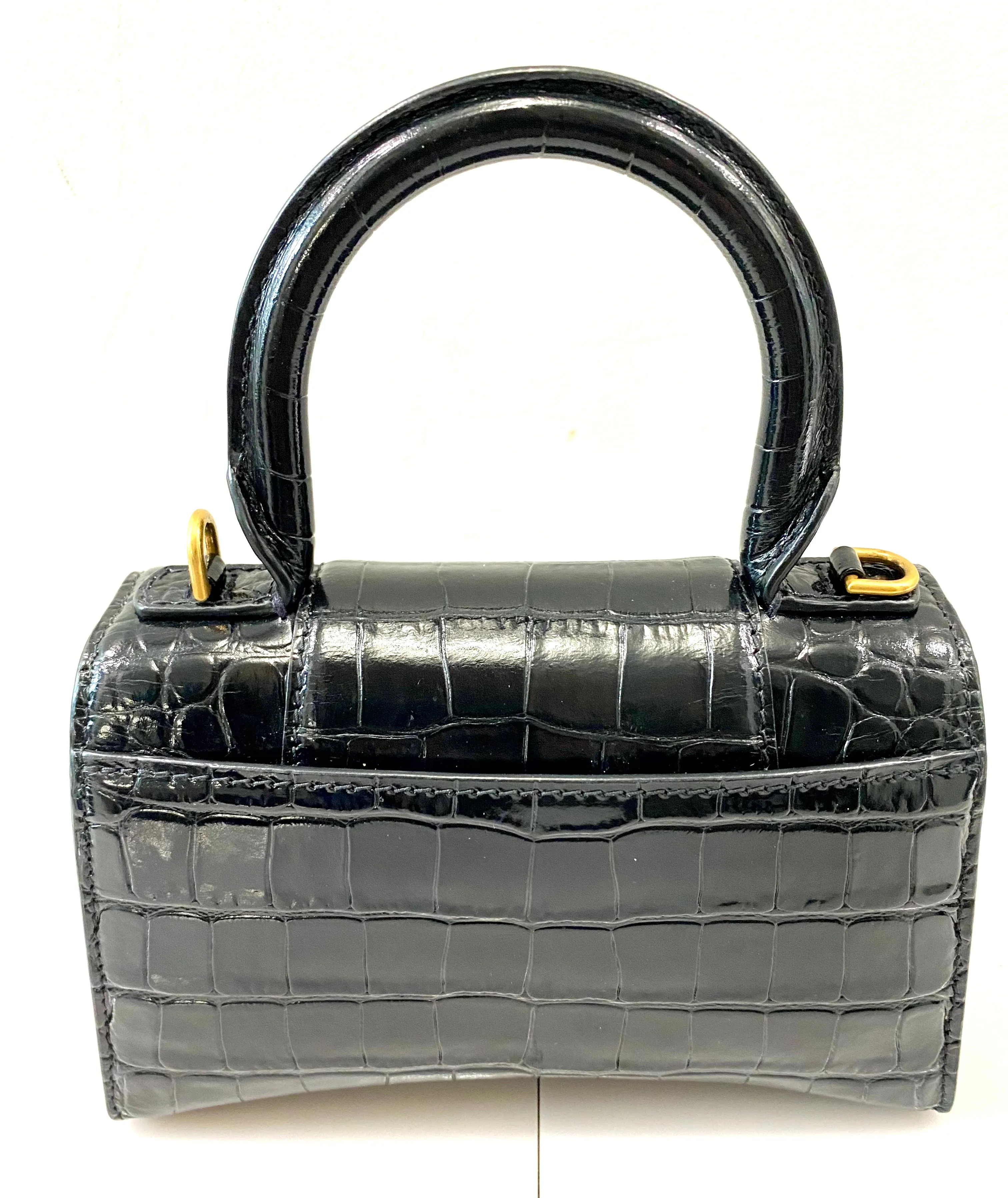 BALENCIAGA SHINY CALFSKIN CROC EMBOSSED MINI HOURGLASS BAG