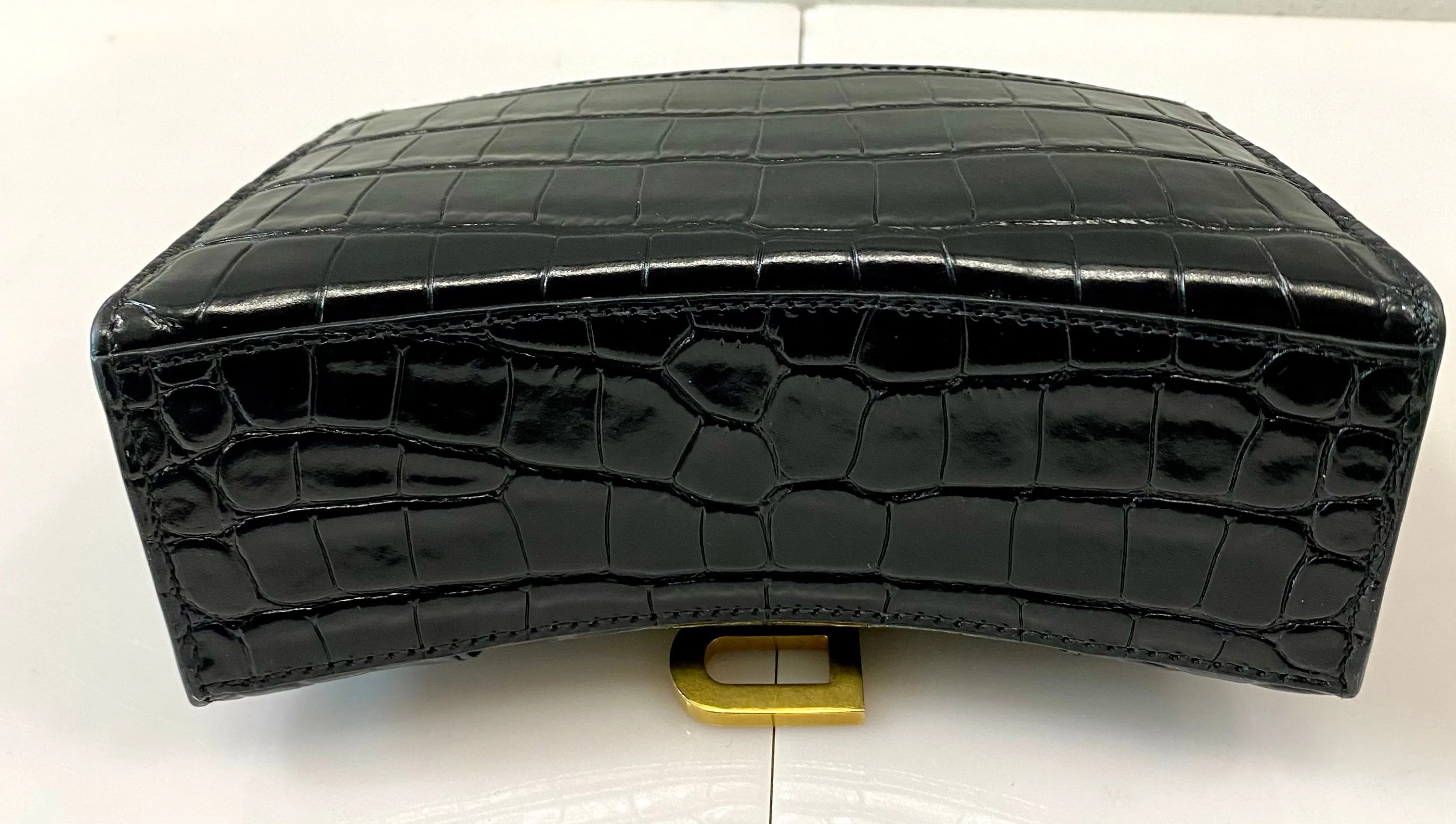 BALENCIAGA SHINY CALFSKIN CROC EMBOSSED MINI HOURGLASS BAG