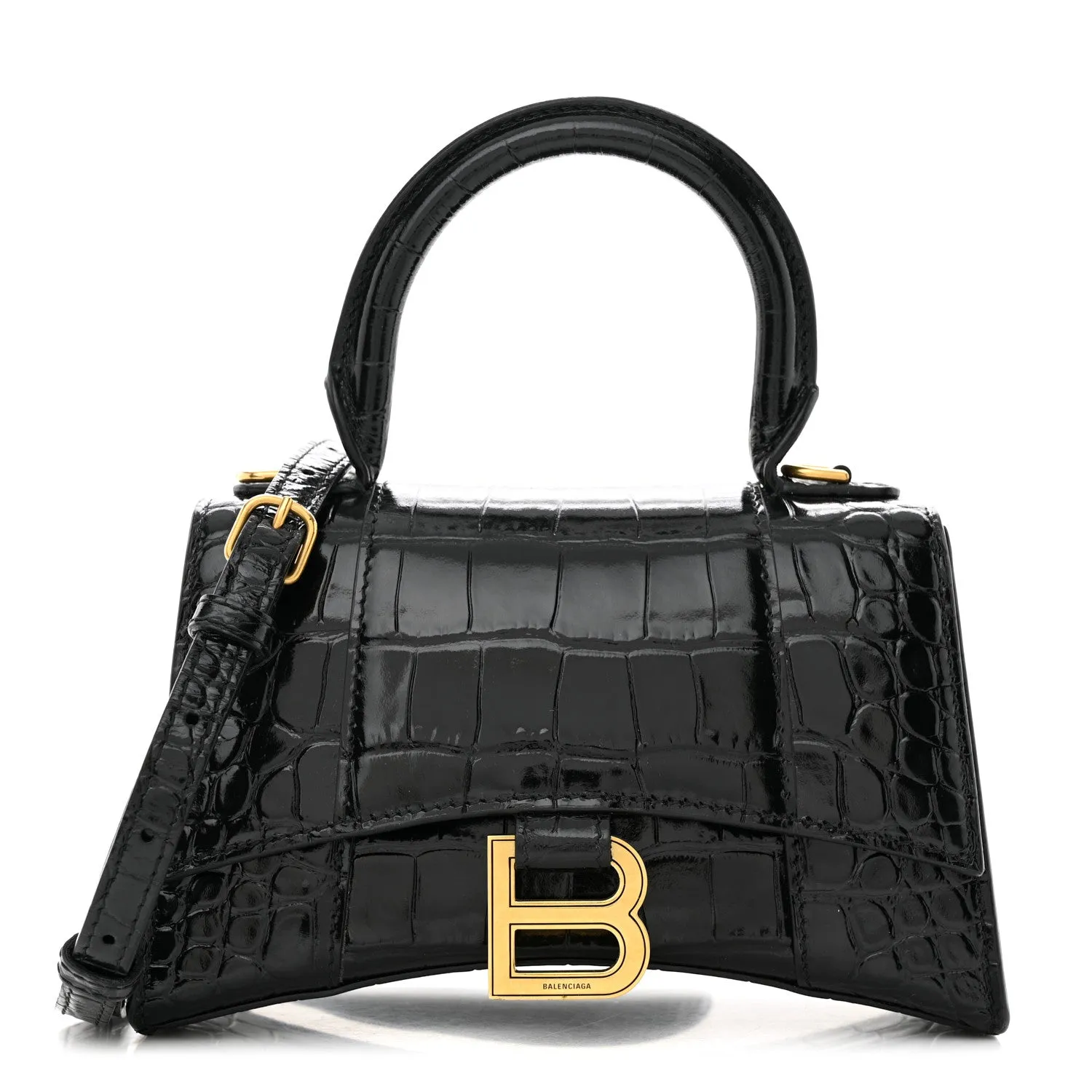 BALENCIAGA SHINY CALFSKIN CROC EMBOSSED MINI HOURGLASS BAG