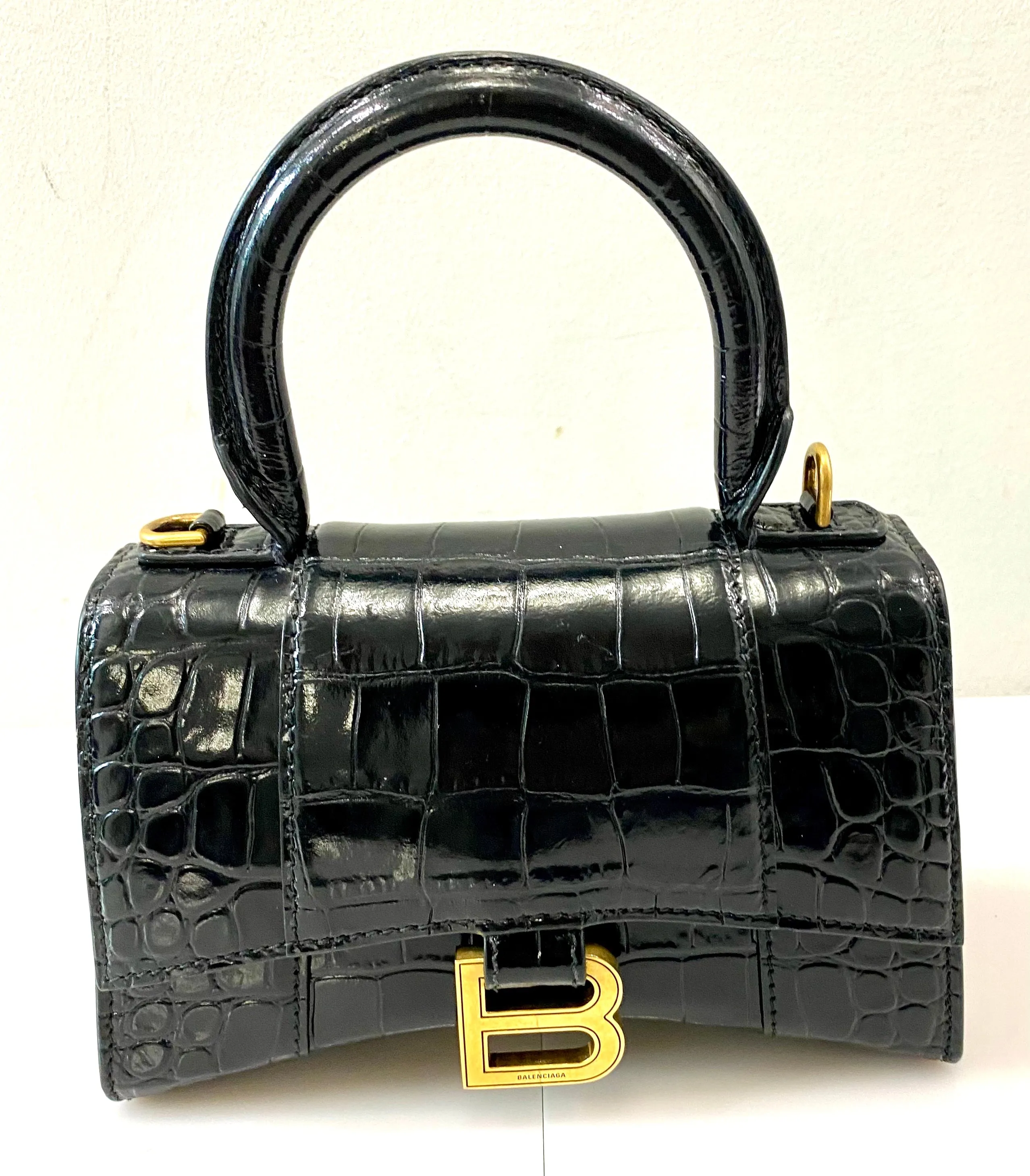 BALENCIAGA SHINY CALFSKIN CROC EMBOSSED MINI HOURGLASS BAG
