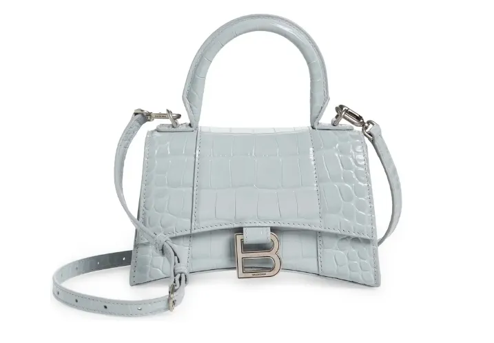 BALENCIAGA XS HOURGLASS CROC EMBOSSED LEATHER TOP HANDLE BAG