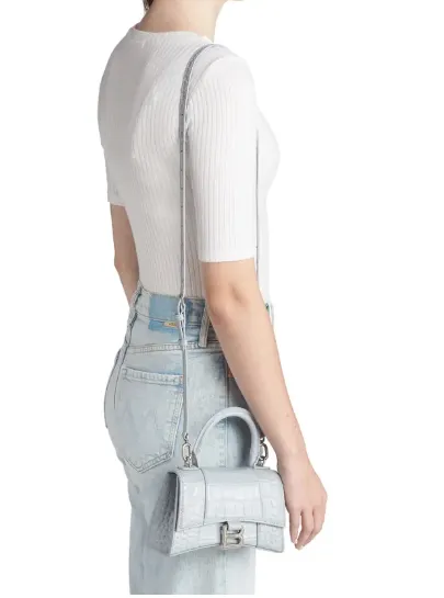 BALENCIAGA XS HOURGLASS CROC EMBOSSED LEATHER TOP HANDLE BAG