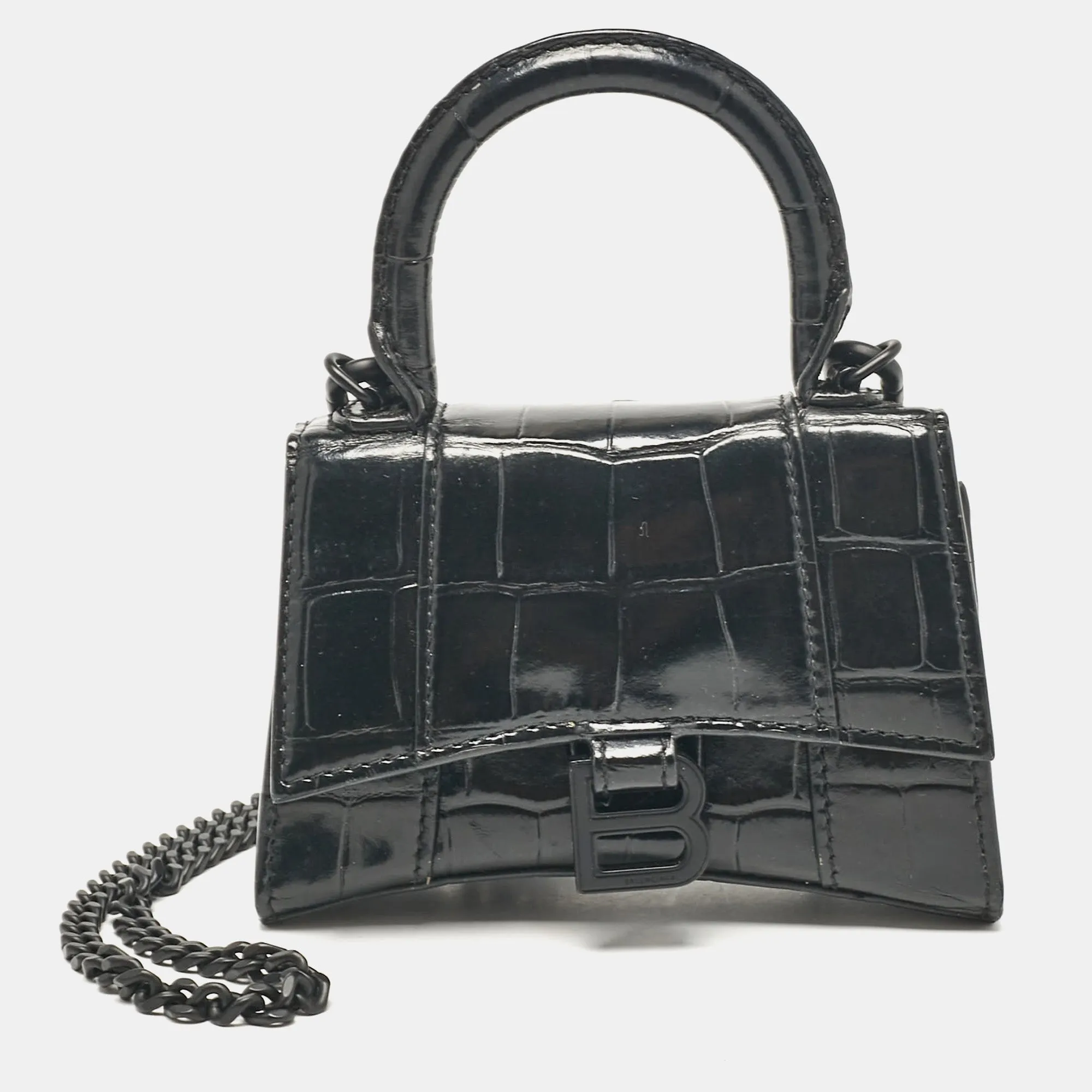 Black Croc Embossed Leather Mini Chain Hourglass Bag