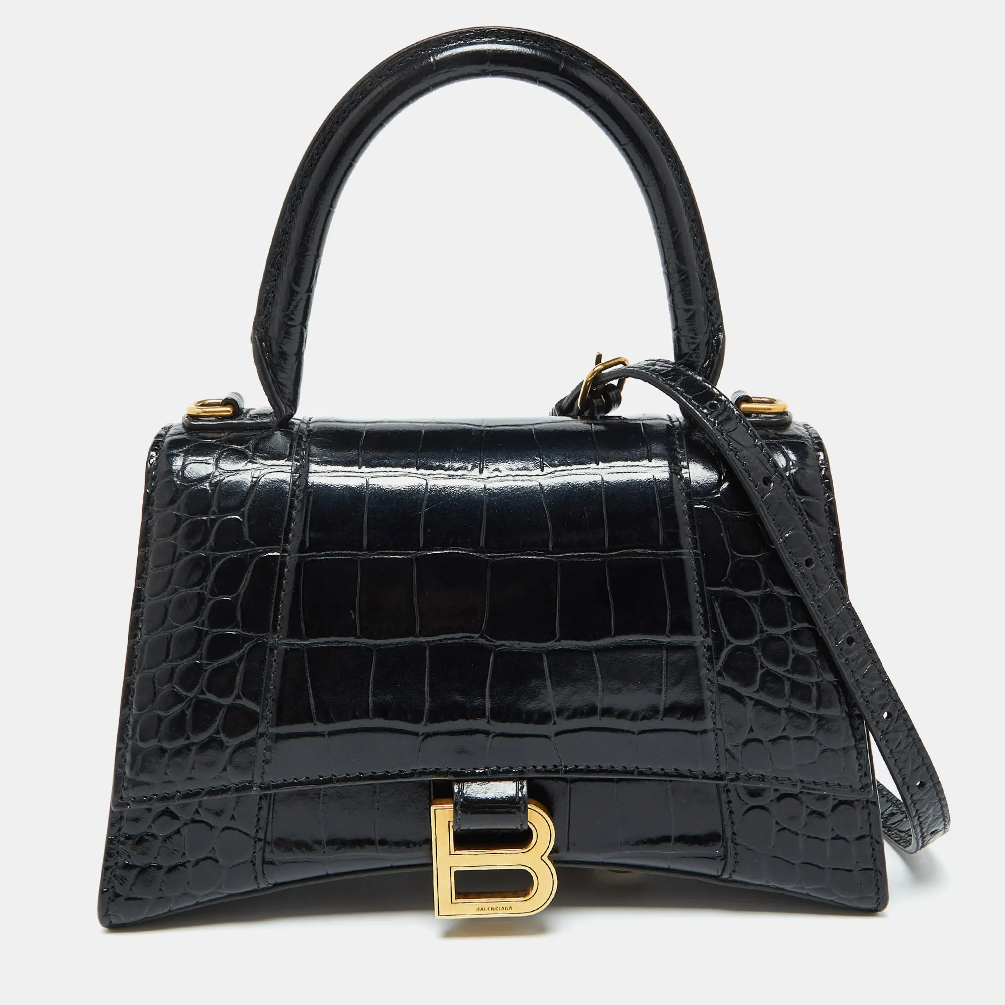 Black Croc Embossed Leather Small Hourglass Top Handle Bag