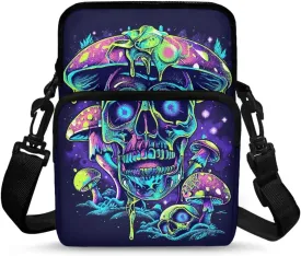 Blue Purple Green Cartoon Skull Mushroom Print Crossbody Bag, Lightweight Shoulder Cross Body Bags Chest Belt Bag Phone Purse Wallet Holder for Toddlers Kids Girls Boys