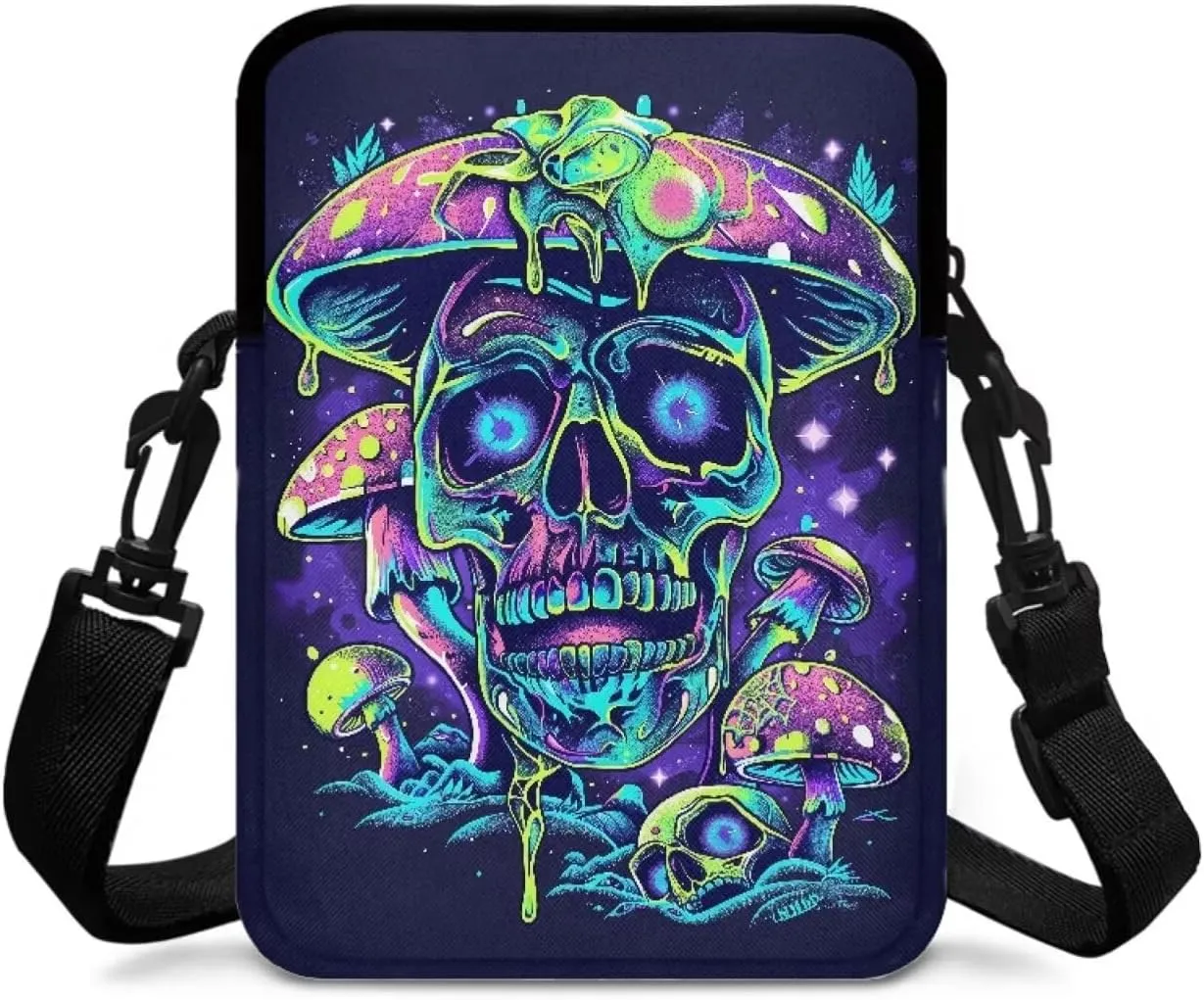 Blue Purple Green Cartoon Skull Mushroom Print Crossbody Bag, Lightweight Shoulder Cross Body Bags Chest Belt Bag Phone Purse Wallet Holder for Toddlers Kids Girls Boys