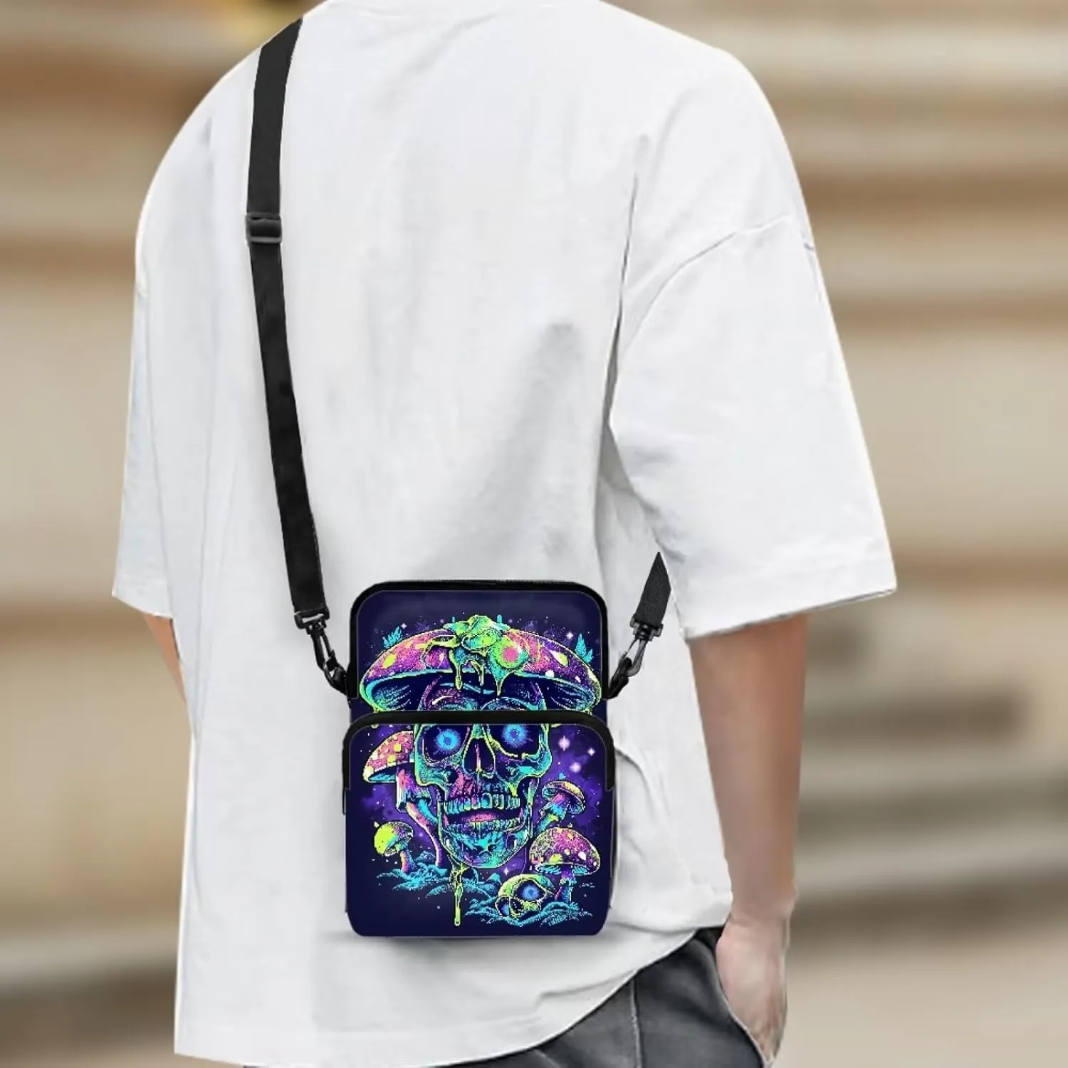Blue Purple Green Cartoon Skull Mushroom Print Crossbody Bag, Lightweight Shoulder Cross Body Bags Chest Belt Bag Phone Purse Wallet Holder for Toddlers Kids Girls Boys