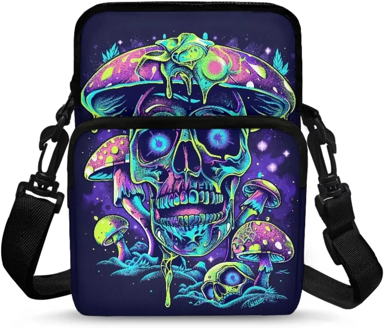 Blue Purple Green Cartoon Skull Mushroom Print Crossbody Bag, Lightweight Shoulder Cross Body Bags Chest Belt Bag Phone Purse Wallet Holder for Toddlers Kids Girls Boys