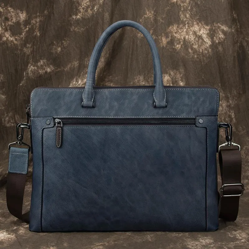 Brown Leather Men 14 inches Vintage Briefcase Handbag Blue Laptop Handbag Messenger Bag For Men