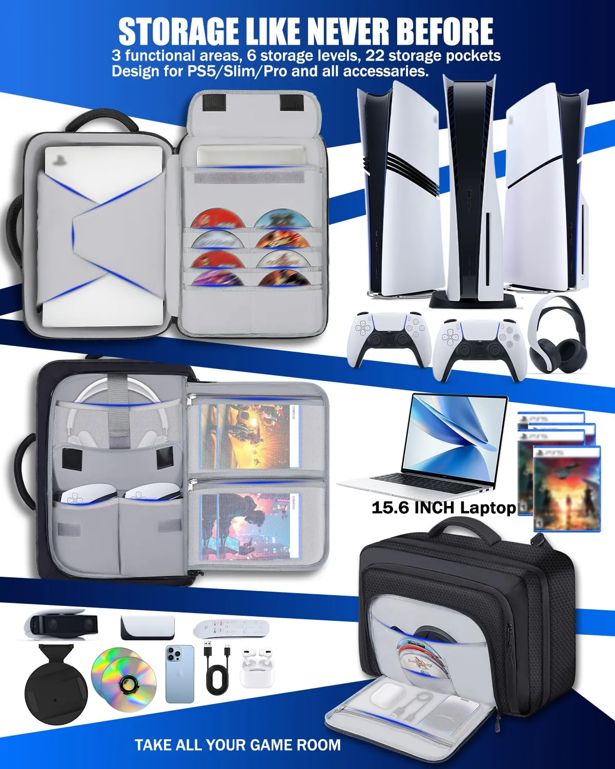 COMECOI Carrying Case for PS5, Travel Backpack for PS 5 Pro, Large Capacity Protective Storage Bag Compatible with Playstation 5 Disk/ Digital Edition Console, Controllers, Cards, Accessories