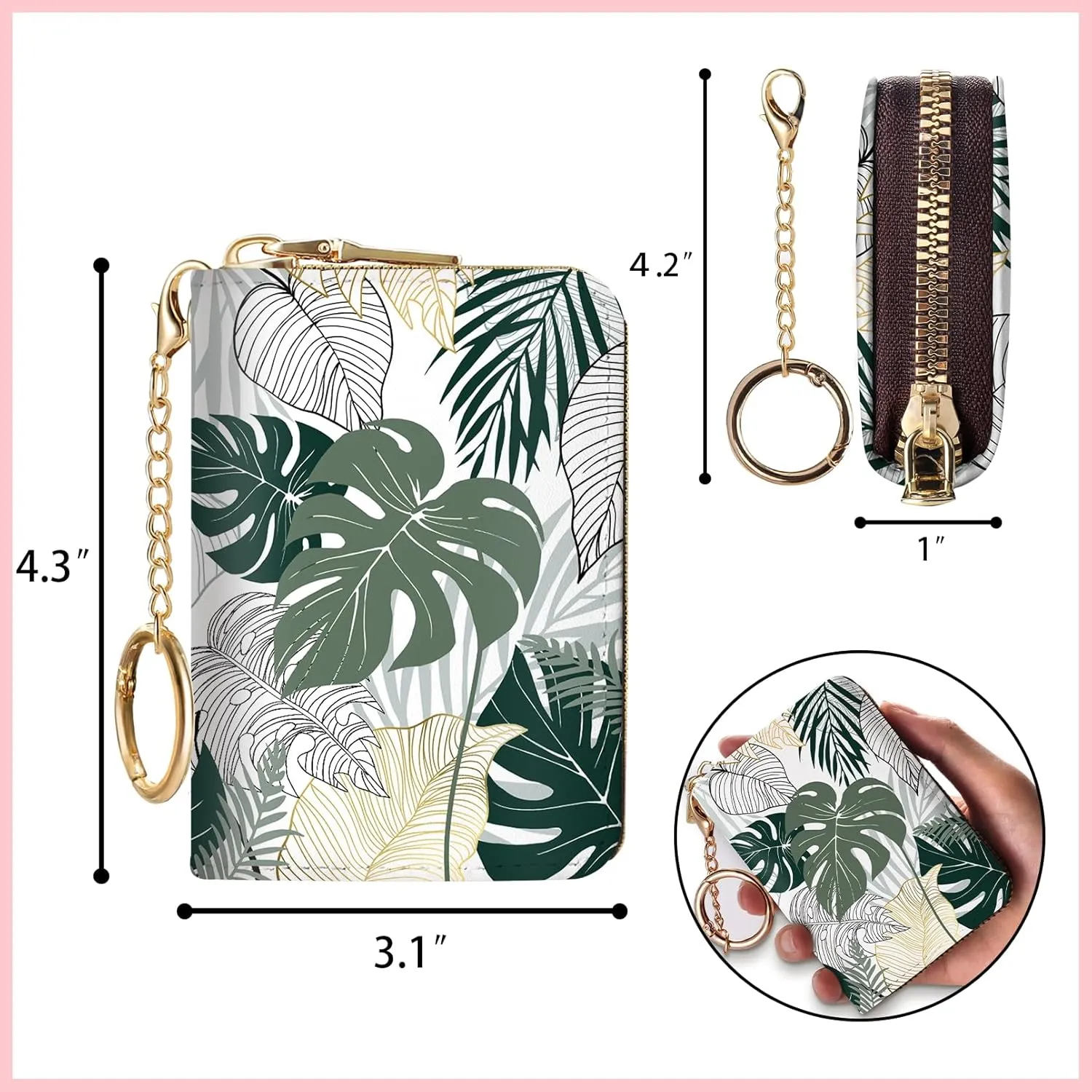 Credit Card Holder for Women, Tropical Leaves Abstract Small RFID Wallet with Zipper, Card Keychain Wallet, Leather Card Case, Business RFID Blocking Accordion Purse Wallet Gift