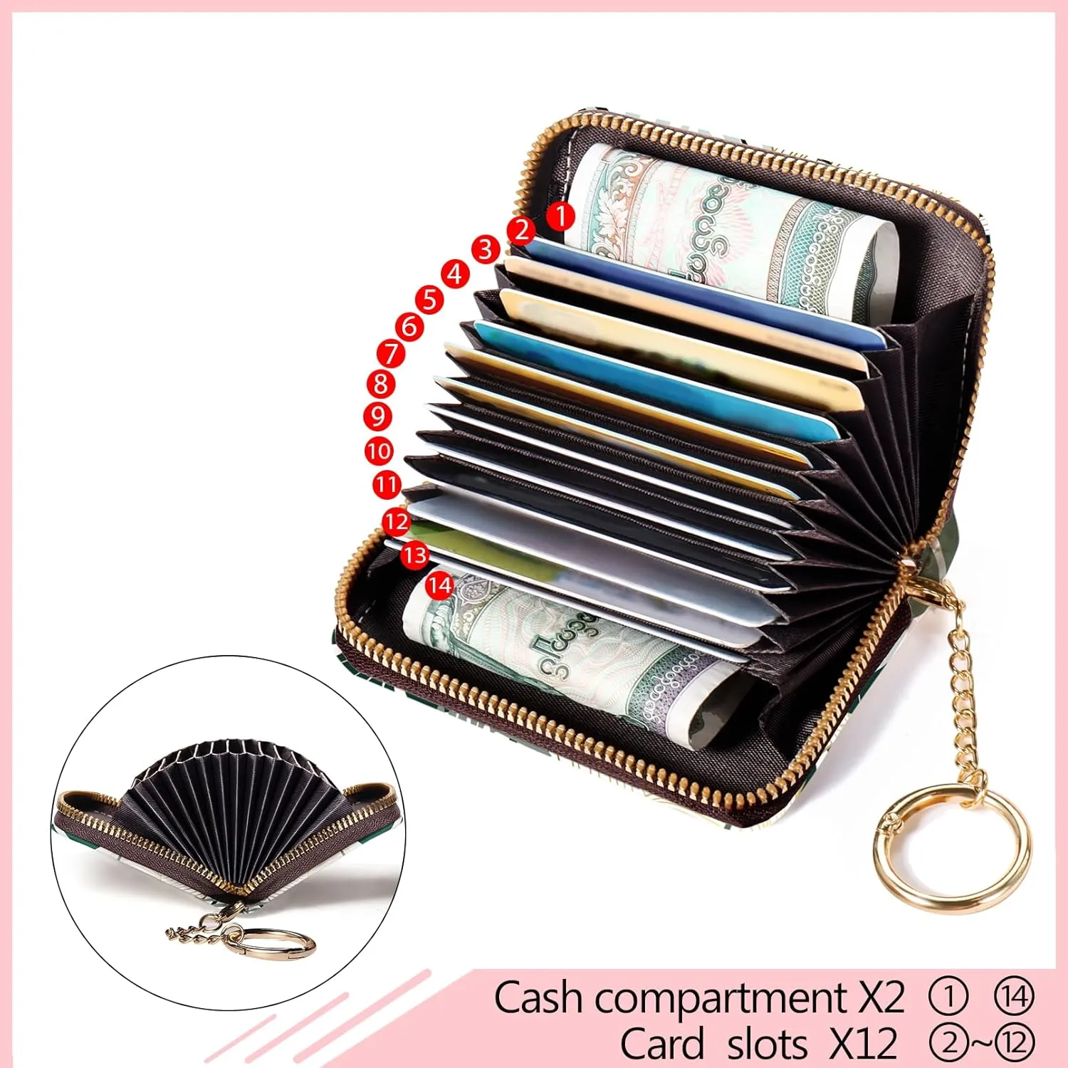 Credit Card Holder for Women, Tropical Leaves Abstract Small RFID Wallet with Zipper, Card Keychain Wallet, Leather Card Case, Business RFID Blocking Accordion Purse Wallet Gift