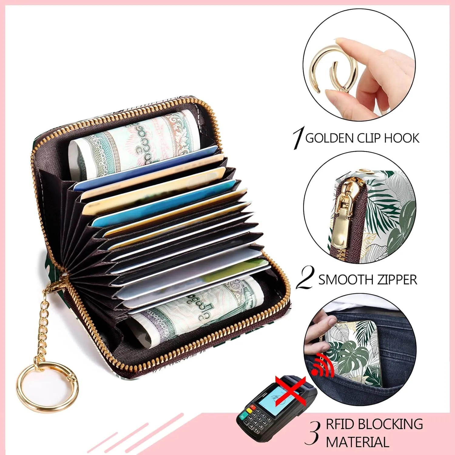 Credit Card Holder for Women, Tropical Leaves Abstract Small RFID Wallet with Zipper, Card Keychain Wallet, Leather Card Case, Business RFID Blocking Accordion Purse Wallet Gift