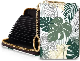 Credit Card Holder for Women, Tropical Leaves Abstract Small RFID Wallet with Zipper, Card Keychain Wallet, Leather Card Case, Business RFID Blocking Accordion Purse Wallet Gift