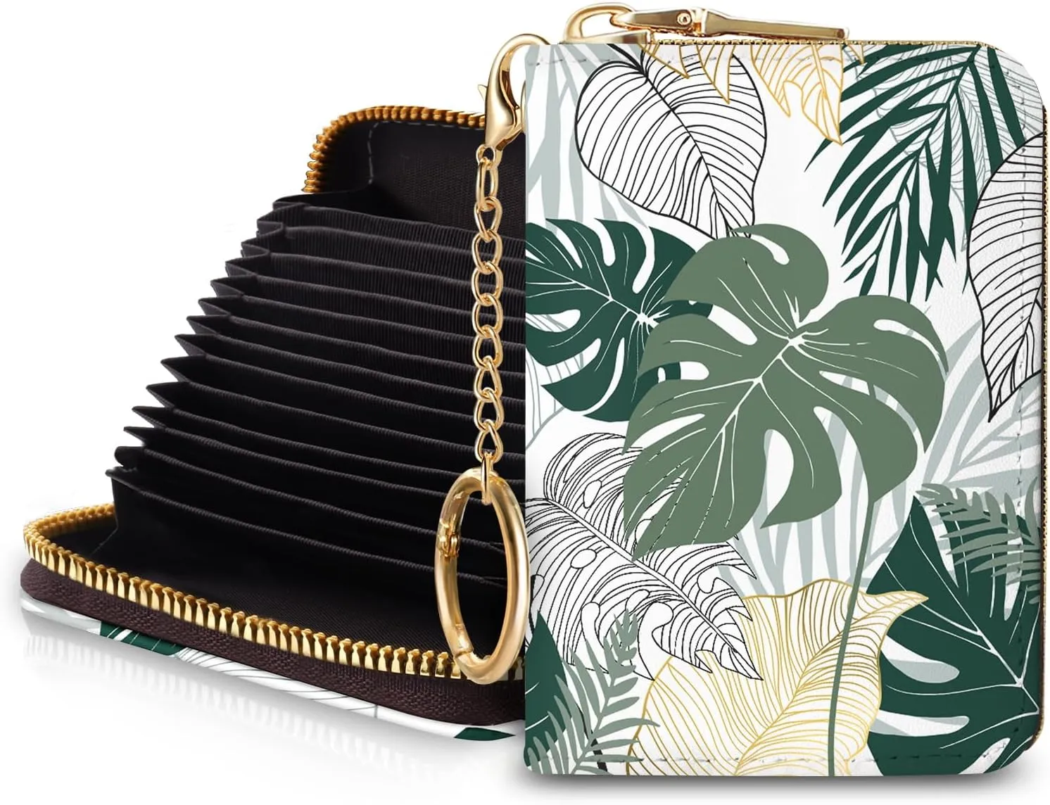 Credit Card Holder for Women, Tropical Leaves Abstract Small RFID Wallet with Zipper, Card Keychain Wallet, Leather Card Case, Business RFID Blocking Accordion Purse Wallet Gift