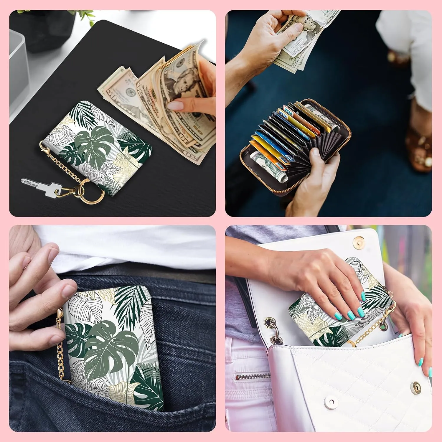 Credit Card Holder for Women, Tropical Leaves Abstract Small RFID Wallet with Zipper, Card Keychain Wallet, Leather Card Case, Business RFID Blocking Accordion Purse Wallet Gift