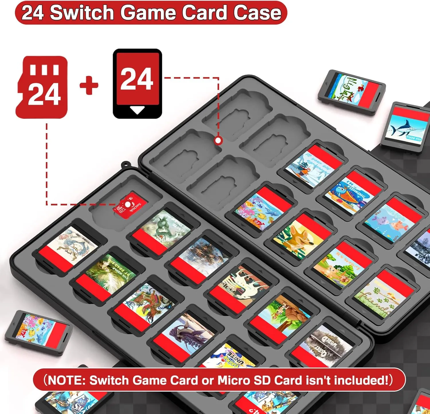 CYKOARMOR Switch Game Card Case Holder - Storage 24 Games & 24 Micro SD Card, Case Organizer Cartridge for Nintendo Switch/OLED/Lite, Hard Shell, Magnetic Closure, Soft Rubber, Plaid Grey Black