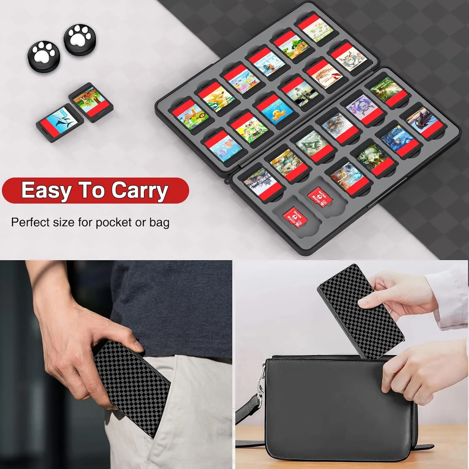 CYKOARMOR Switch Game Card Case Holder - Storage 24 Games & 24 Micro SD Card, Case Organizer Cartridge for Nintendo Switch/OLED/Lite, Hard Shell, Magnetic Closure, Soft Rubber, Plaid Grey Black