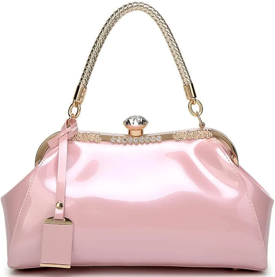 Dayfine Handbags for Women Glossy Patent Leather Top Handle Purse Crystal Buckle Satchel Bag Evening Tote Bags Shoulder Bag