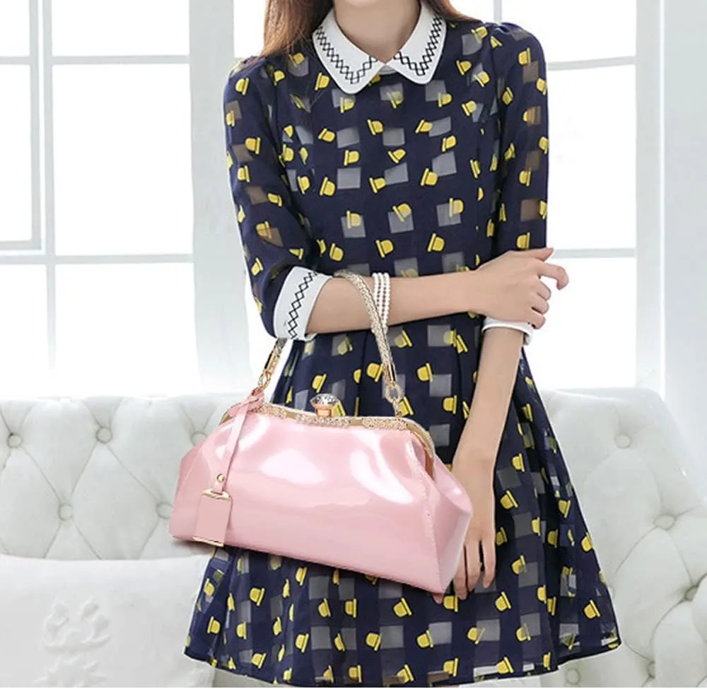 Dayfine Handbags for Women Glossy Patent Leather Top Handle Purse Crystal Buckle Satchel Bag Evening Tote Bags Shoulder Bag
