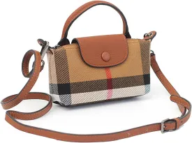 Deluxe Small Size Women's Check Tote Leather and Canvas Contrast Top Handle Mini Waist Bag Everyday Crossbody Bag
