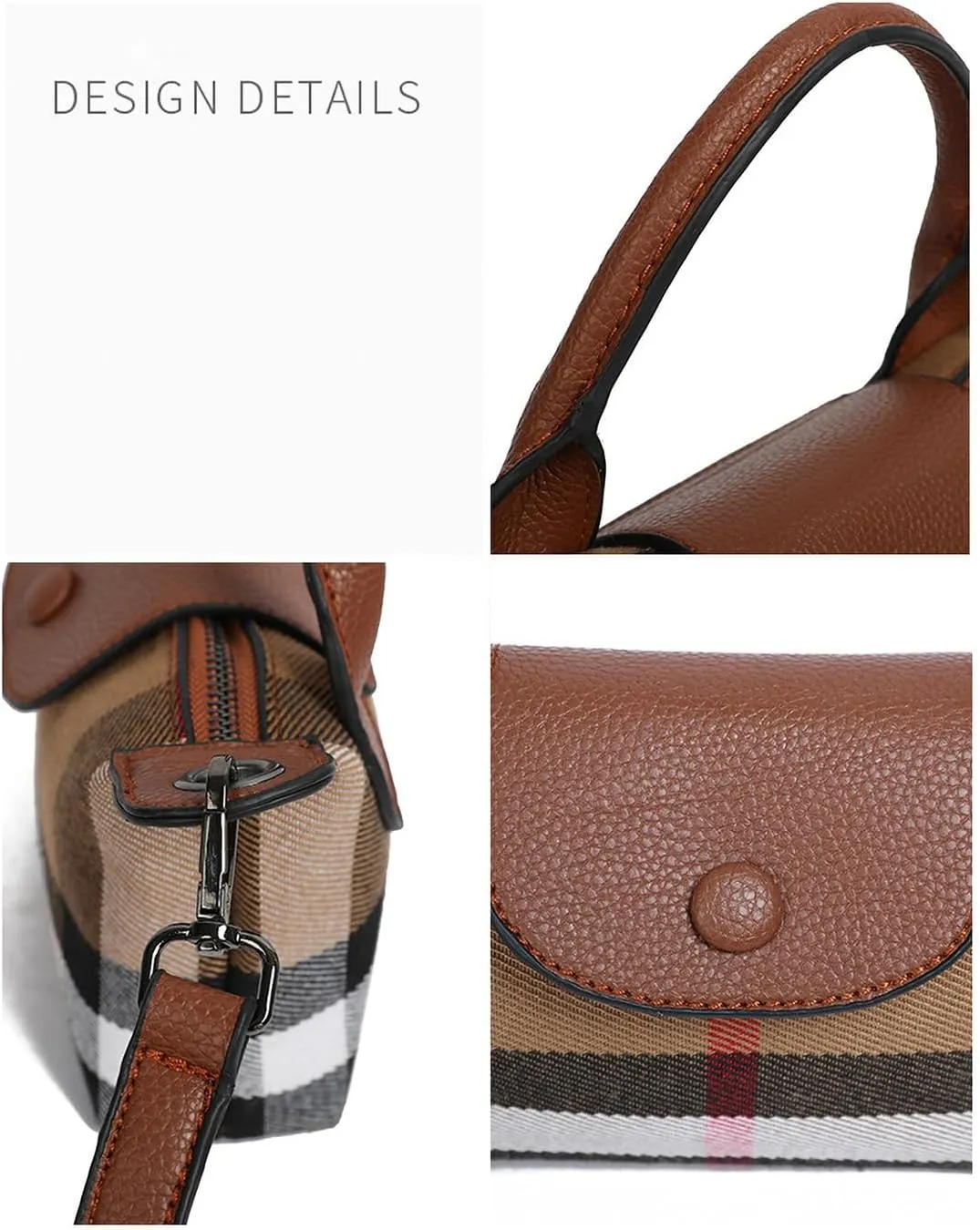 Deluxe Small Size Women's Check Tote Leather and Canvas Contrast Top Handle Mini Waist Bag Everyday Crossbody Bag