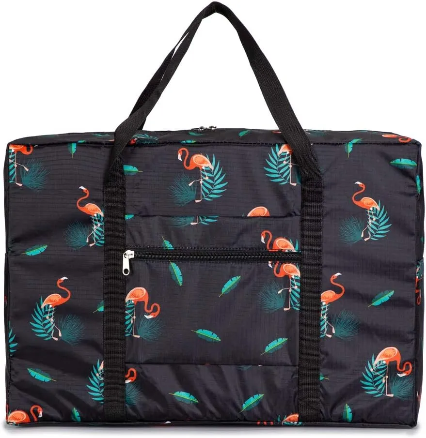 Duffel Bag, Carry-on Bag Foldable Flight Bag, Lightweight Travel Luggage (Black Flamingo, 18x14x7 inches)
