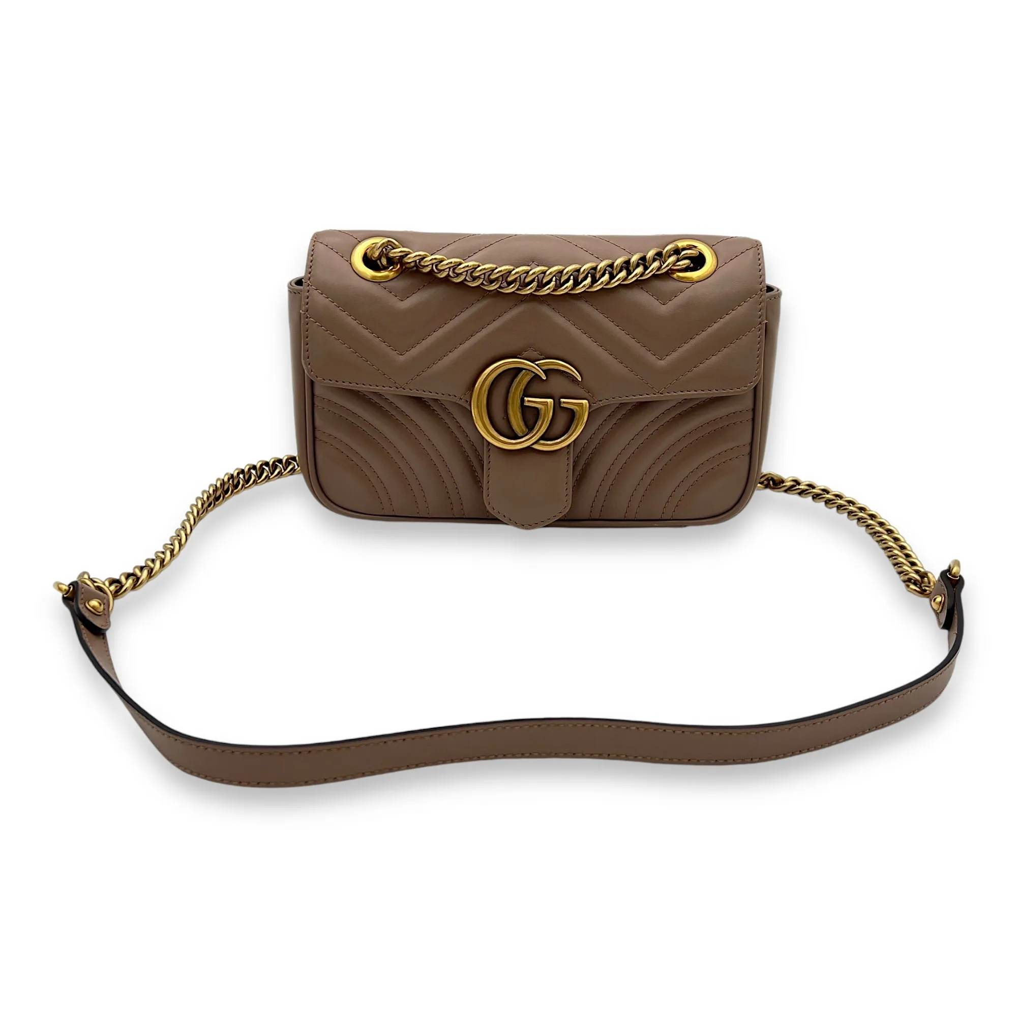 GG Marmont Mini Beige Crossbody Bag in Calfskin, Gold hardware