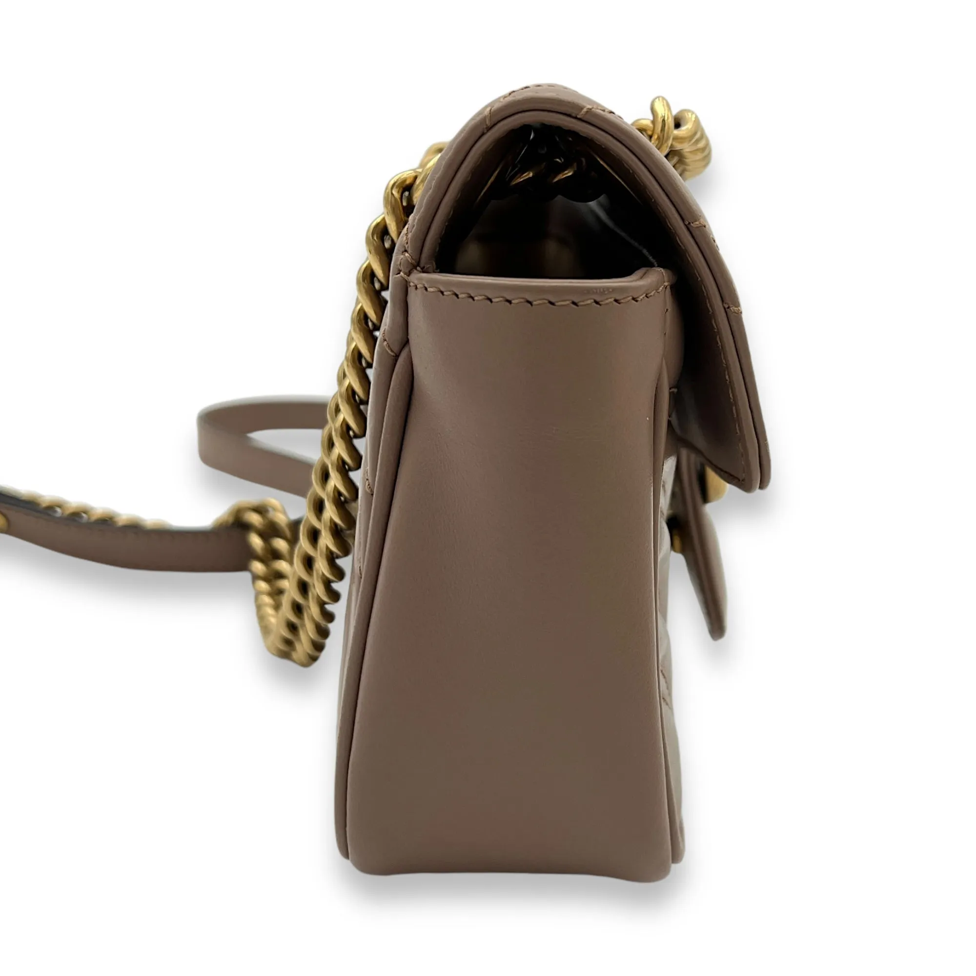 GG Marmont Mini Beige Crossbody Bag in Calfskin, Gold hardware