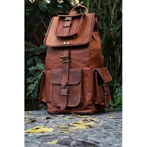 HLC 20" Genuine Leather Retro Rucksack Backpack College Bag,School Picnic Bag Travel
