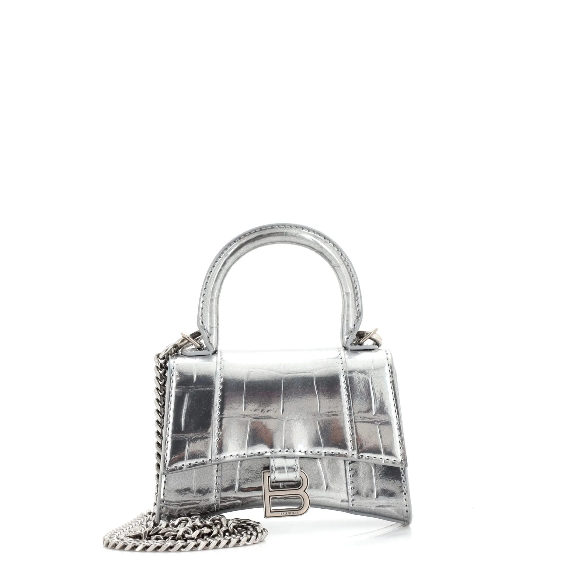 Hourglass Chain Top Handle Bag Crocodile Embossed Leather Mini