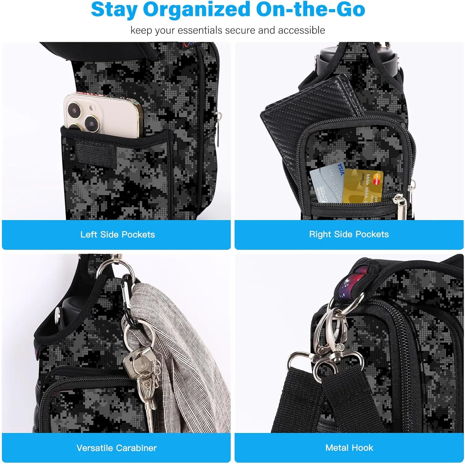 icolor Magnetic Gym Bag Water Bottle Carrier Holder with Phone Pockets & Shoulder Strap,5 Built-in Magnets Gym Bottle Pouch Sleeve,Magnetic Bag Gym Accessories Organizer for Men Women