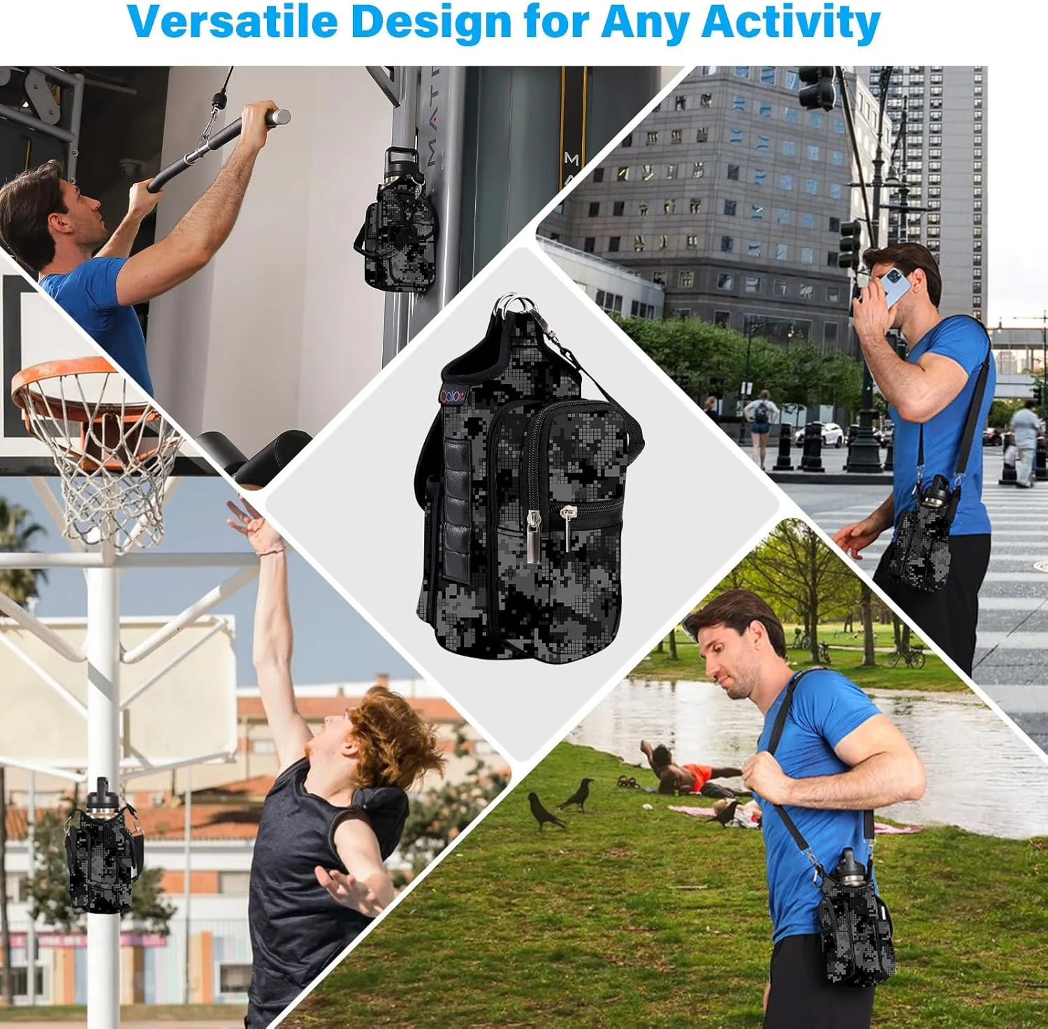 icolor Magnetic Gym Bag Water Bottle Carrier Holder with Phone Pockets & Shoulder Strap,5 Built-in Magnets Gym Bottle Pouch Sleeve,Magnetic Bag Gym Accessories Organizer for Men Women