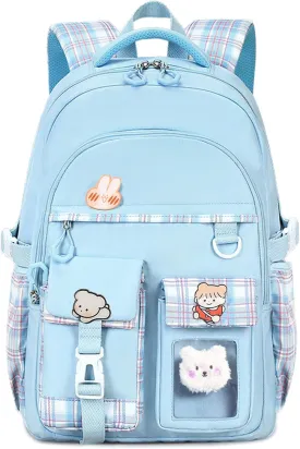 Kids Backpack for Girls Teens, Kawaii Backpack for School, Cute Bookbag for Primary Elementary with Accessories, Blue