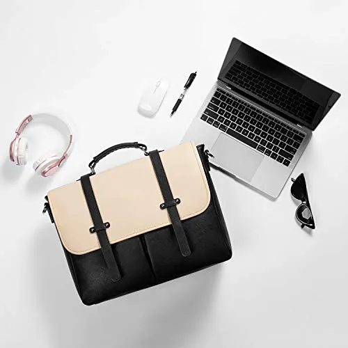 Laptop Bag for Women, 15.6 inch Briefcase for Women, Multi-Pocket Laptop Tote Work Bags with Professional Padded Compartments, Black-Beige