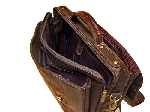 Ledonne Distressed Leather Flap Over Computer Brief, Choc