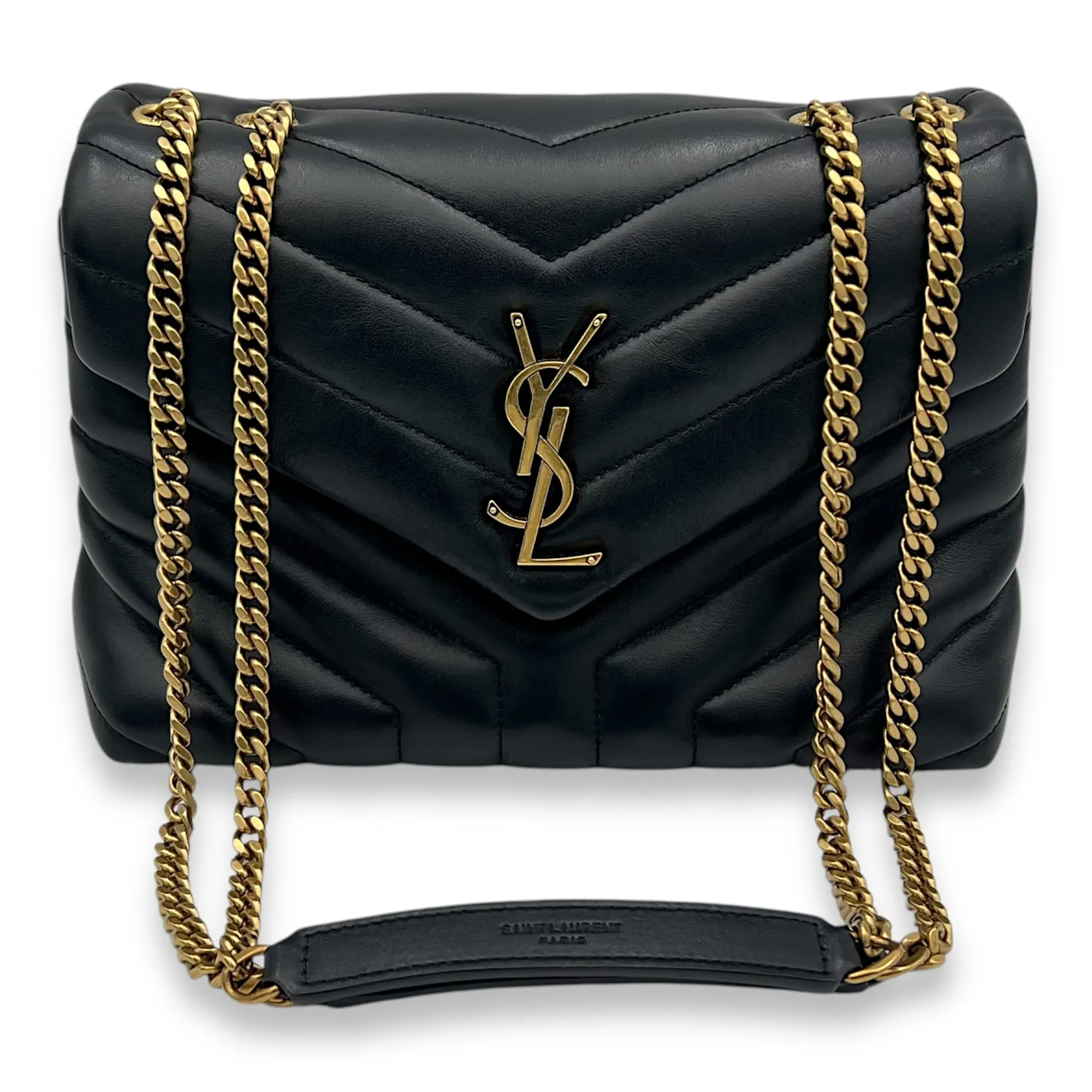 Loulou Small Black Shoulder Bag in Calfskin, Gold hardware