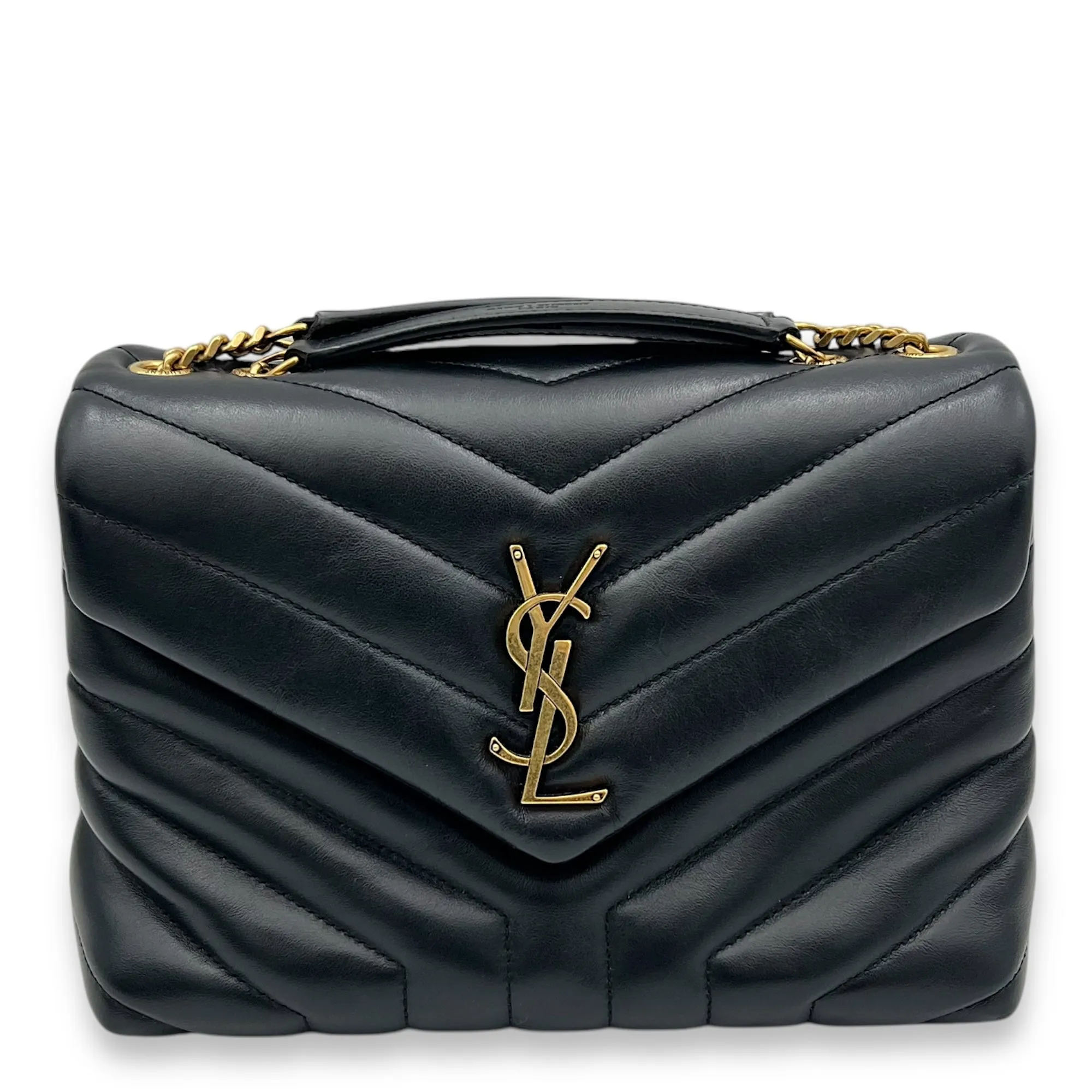 Loulou Small Black Shoulder Bag in Calfskin, Gold hardware